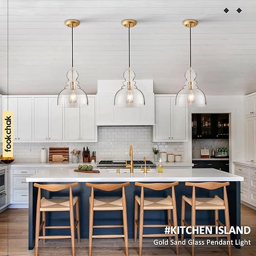 Miniatura 3 de Luces Colgantes Doradas para Isla de Cocina, Iluminación Colgante de Cristal Dorado Arena Grande Sobre Mesa de 10 Pulgadas, Lámpara de Isla de Techo