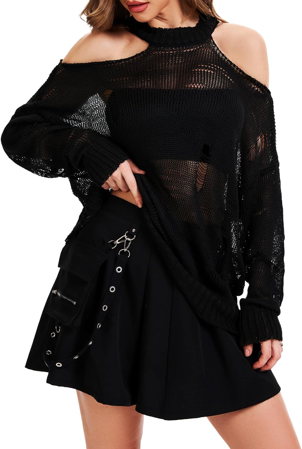 Womens Distressed Off Shoulder Sweater See Through Long Sleeve Knit Tops