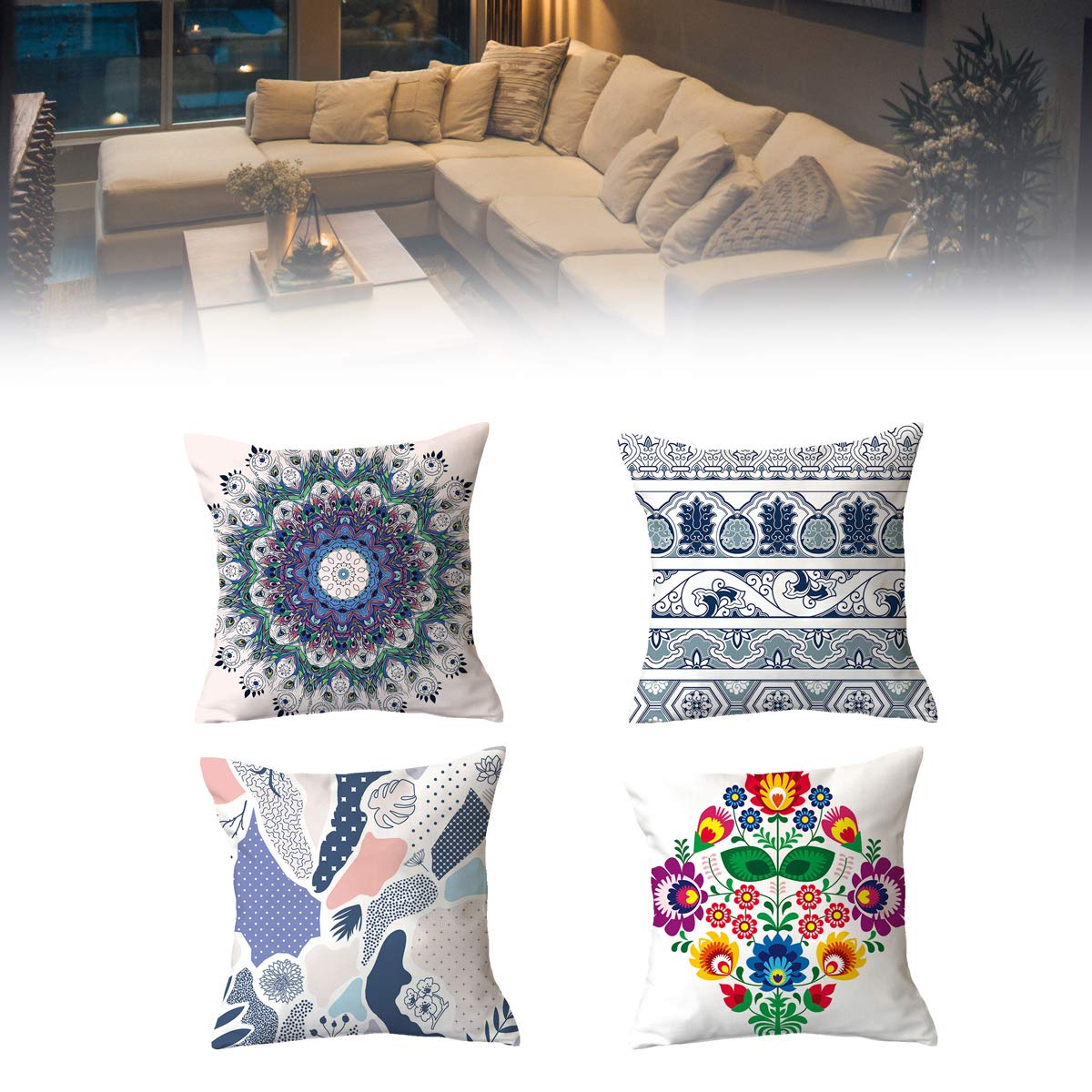 T&Q Pillow Covers 45x45cm Set of 4, Geometric Sofa Throw Pillow Cover, Decorative Outdoor Linen Fabric Pillow Case Outdoor Cushion Covers for Sofa Couch Car Bedroom Home Decor (F)