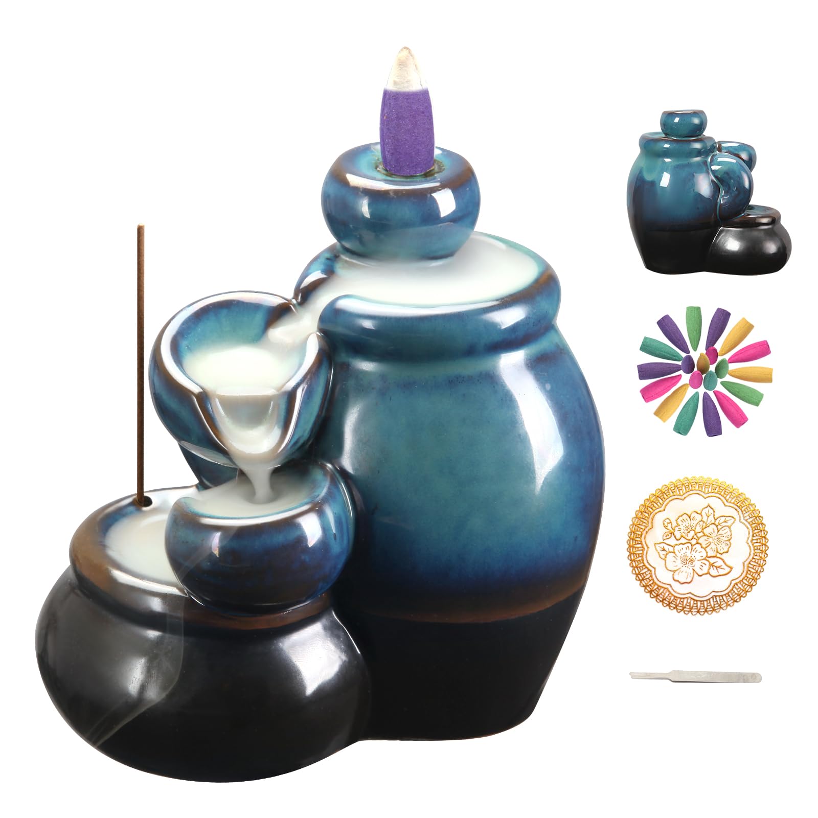 Mofunci Incense Cone Holder Waterfall, Ceramic Backflow Incense Burner, Incense Burner Stand with 20 Backflow Incense Cones and Accessories, Aromatherapy Ornament Home Decor
