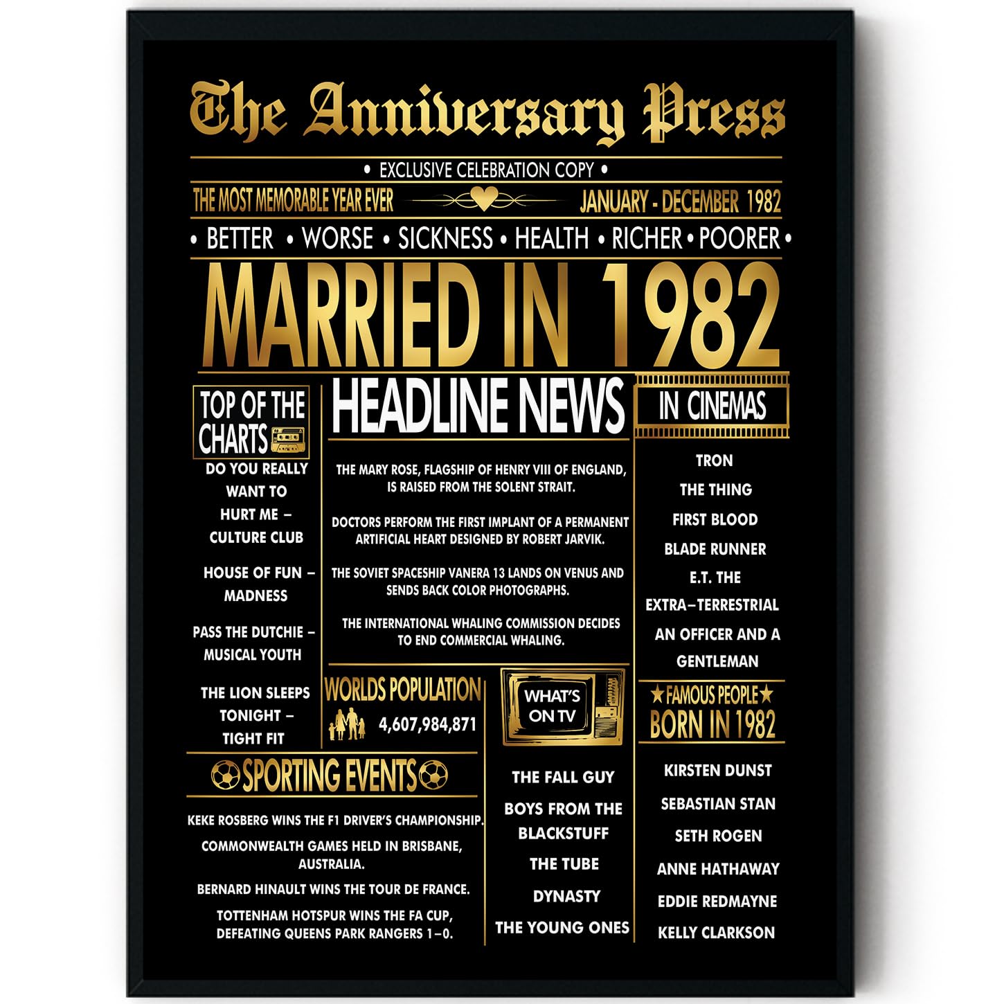 Stuff4 Men's 1982 Gold 44Th Anniversary Poster Framed - Golden Married In Newspaper - 44 Anniversary For Wo Retro Vintage Gifts Back In 8X10 Inch Bday Party Decor Decoration