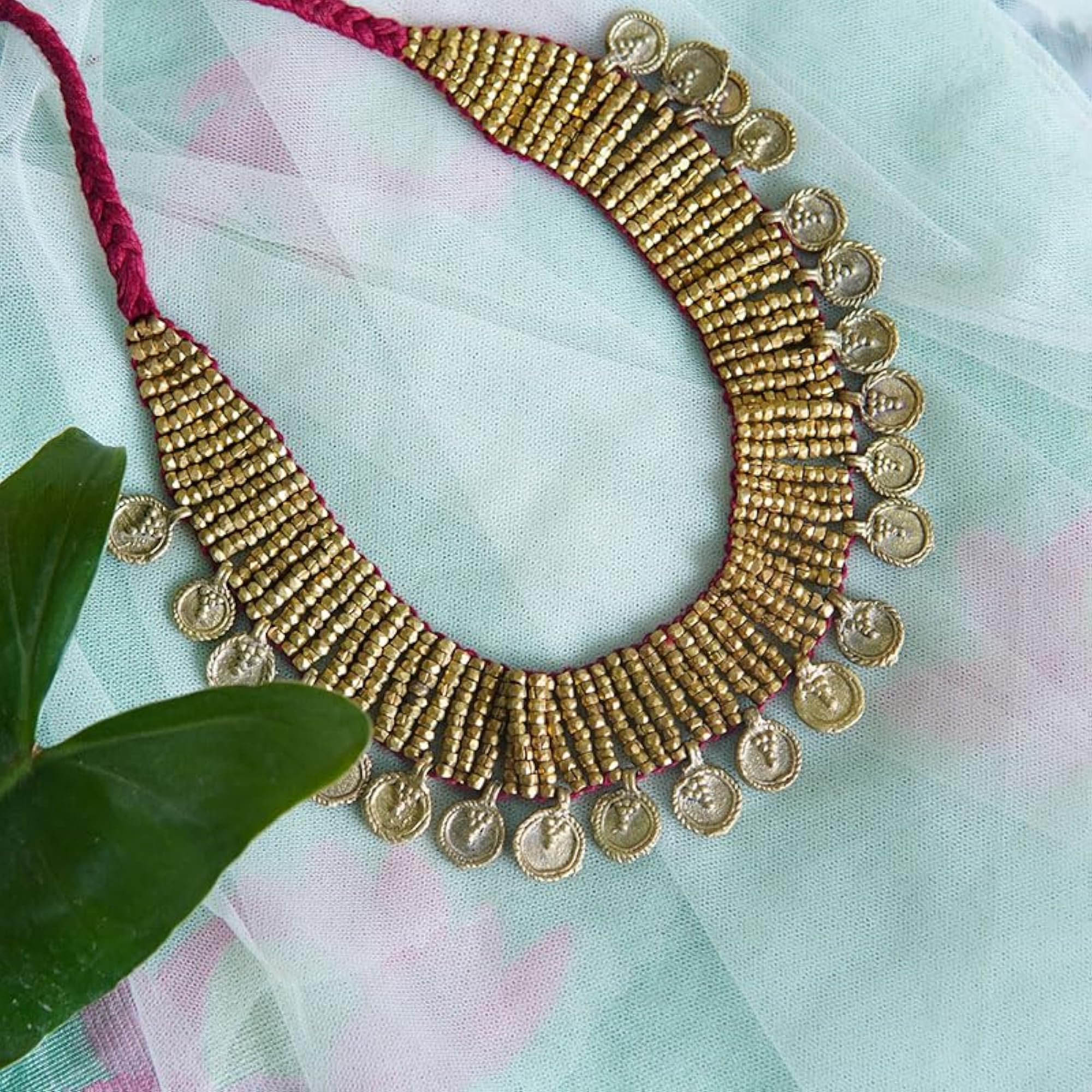 Vintage Brass Coin Necklace, Handwoven Design