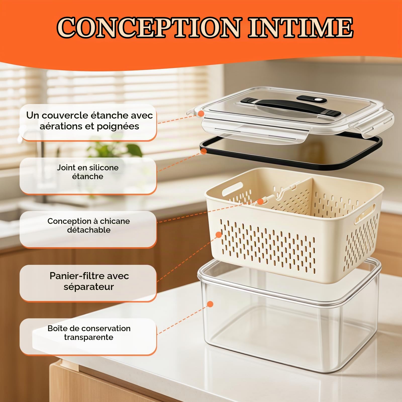 6 PC Boite Rangement Frigo, Organisateur Frigo（7.2L/4.55L/3.3L/1.85L/0.85L/0.38L） avec Passoire, Cloisons & Poignée, pour Salade/Légume/Fruit Fromage, BPA Free