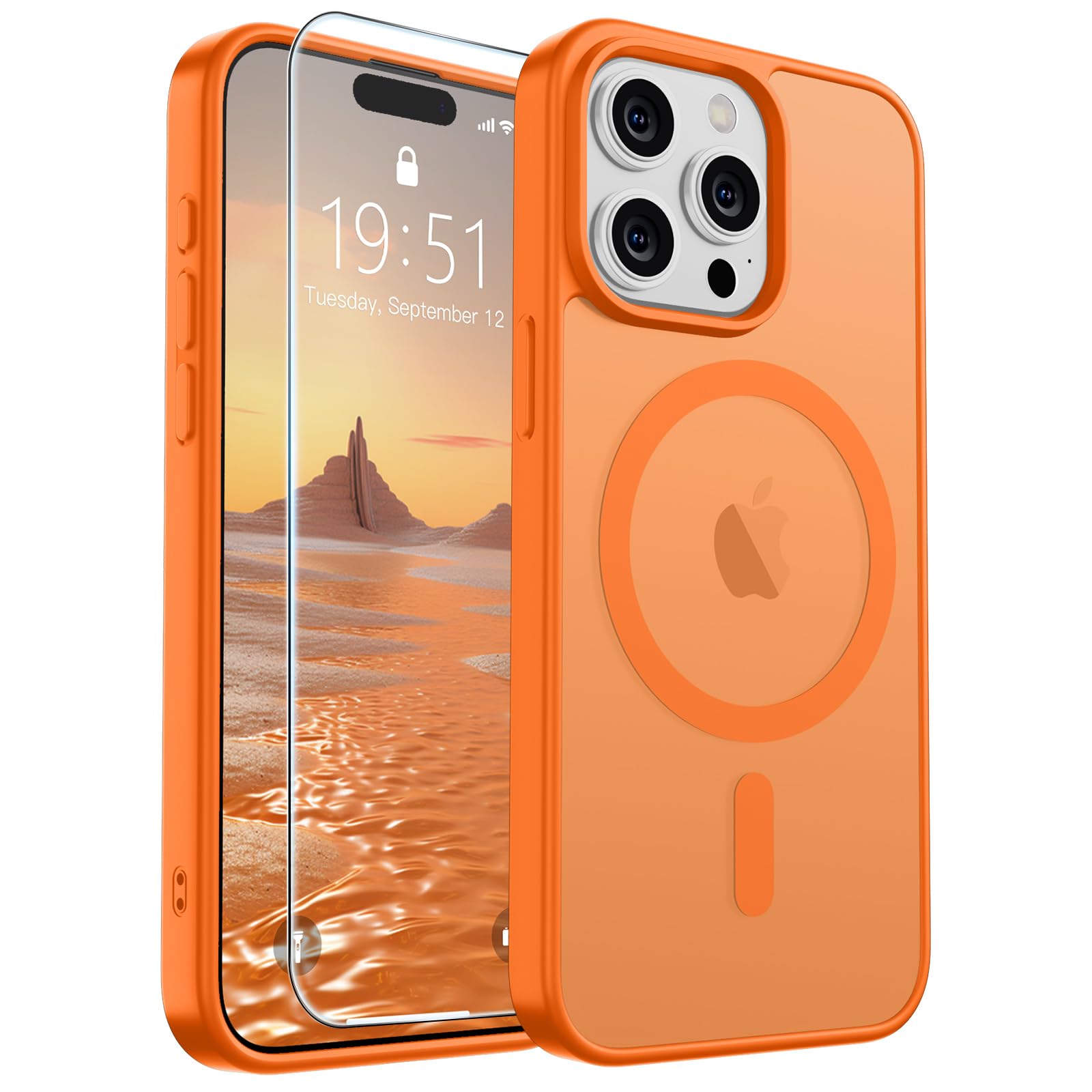 SUPFINE Magnetic for iPhone 15 Pro Max Case Starry Orange | With Screen Protector, Translucent Matte, Compatible with MagSafe, Military Grade Drop Proof, Rugged Shockproof Protective