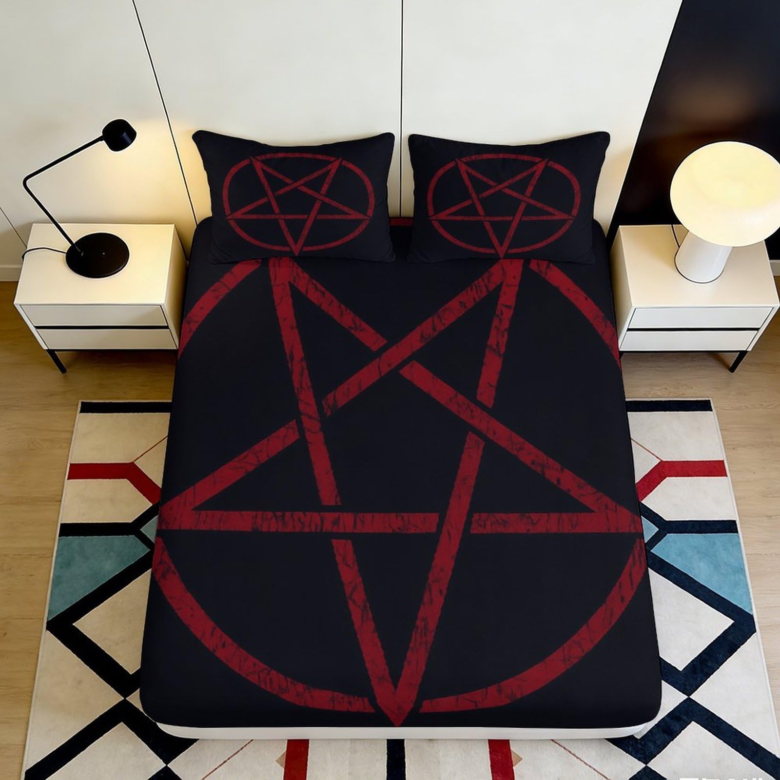 3D Printed Pentagram Black Fitted Sheet Microfiber Soft Anti-Slip Gothic Star Mattress Cover for Bedroom Dorm Decor 90x200x25cm