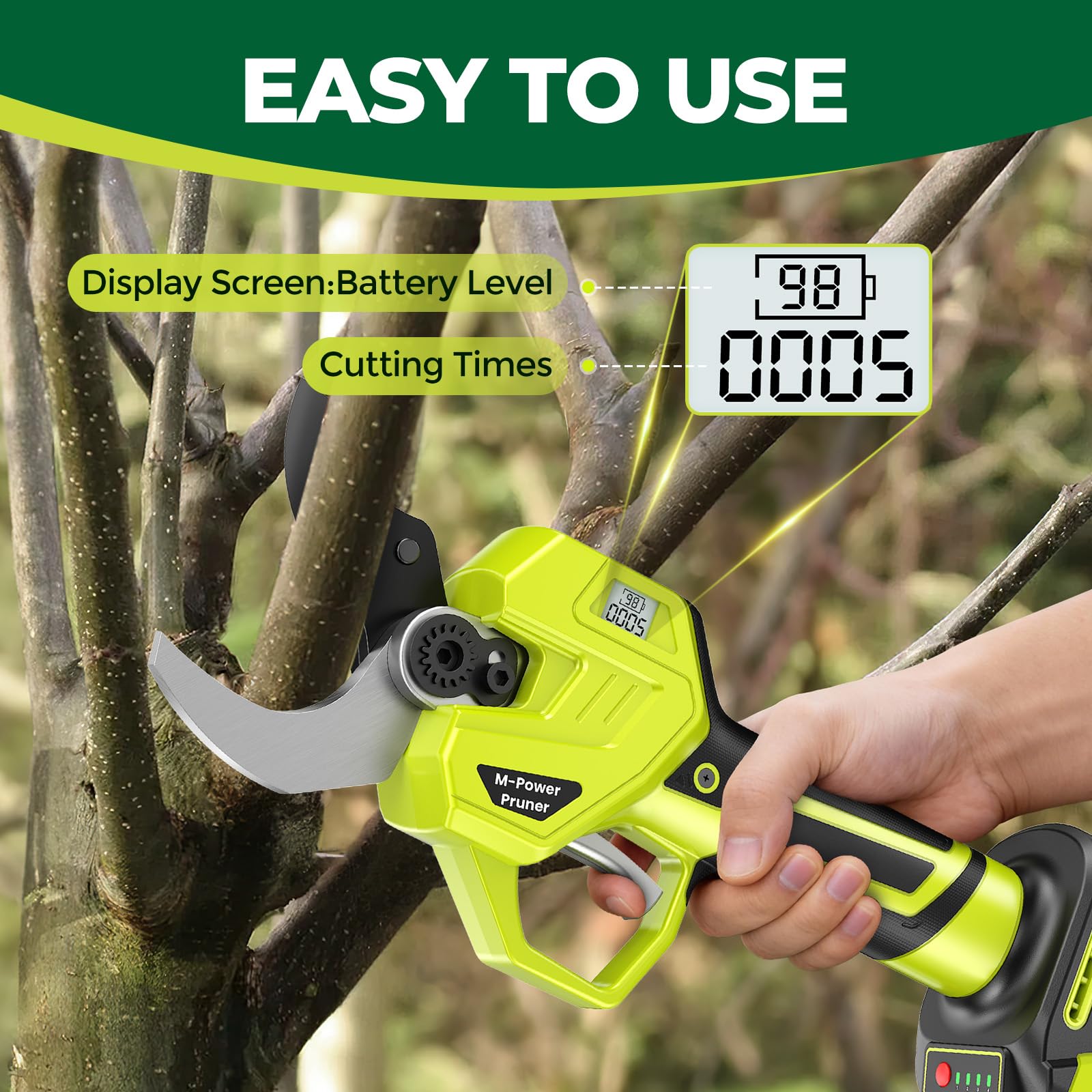 Akku-Elektro-Gartenschere: 1200 W, 75 mm Öffnungsweite, 50–60 mm Schnittkapazität, 21 V/4000 mAh Akku, SK7-Klingen, mit LCD-Display. Ideal für Bäume, Reben und Weinberge