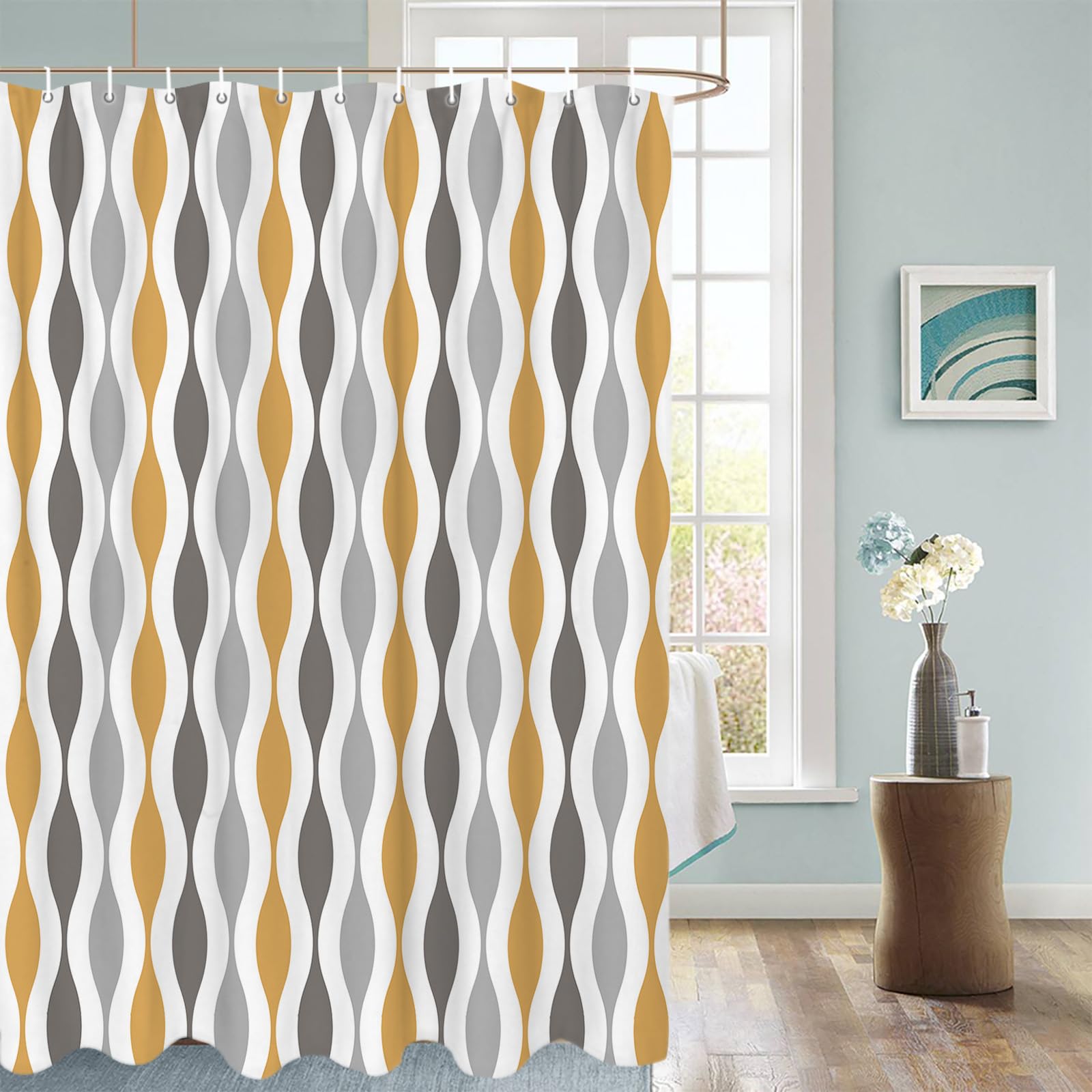 NTETSN Boho Geometric Shower Curtain - Yellow & Brown Vintage 50s/60s Pattern, 72x72", Waterproof - View #9