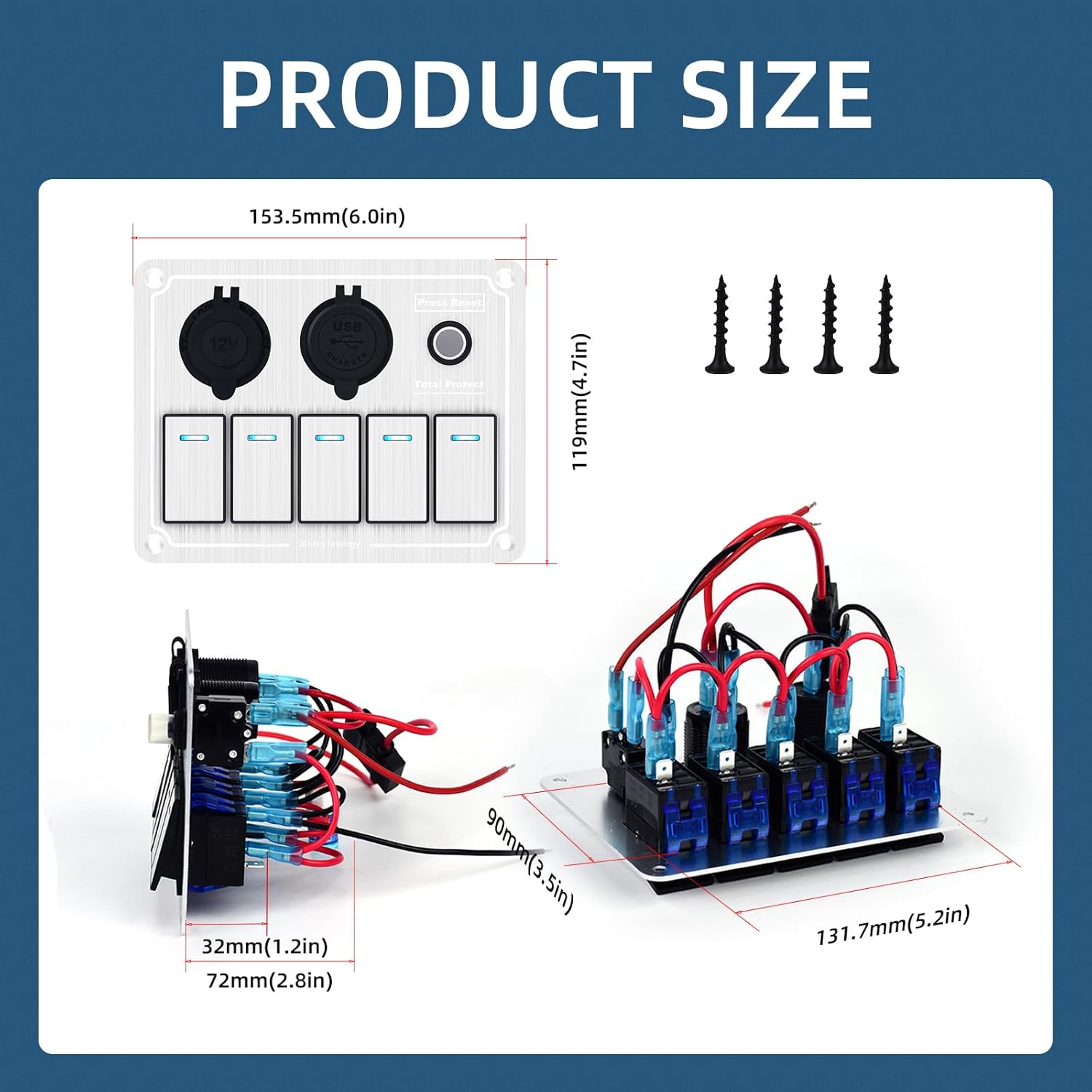 Marine Switch Panel,Boat Switch Panel Waterproof with Dual USB Charger,Aluminum 12/24V Rocker Switch with Digital Voltmeter Lighter Socket Press Protector(Sliver, 5 Gang)