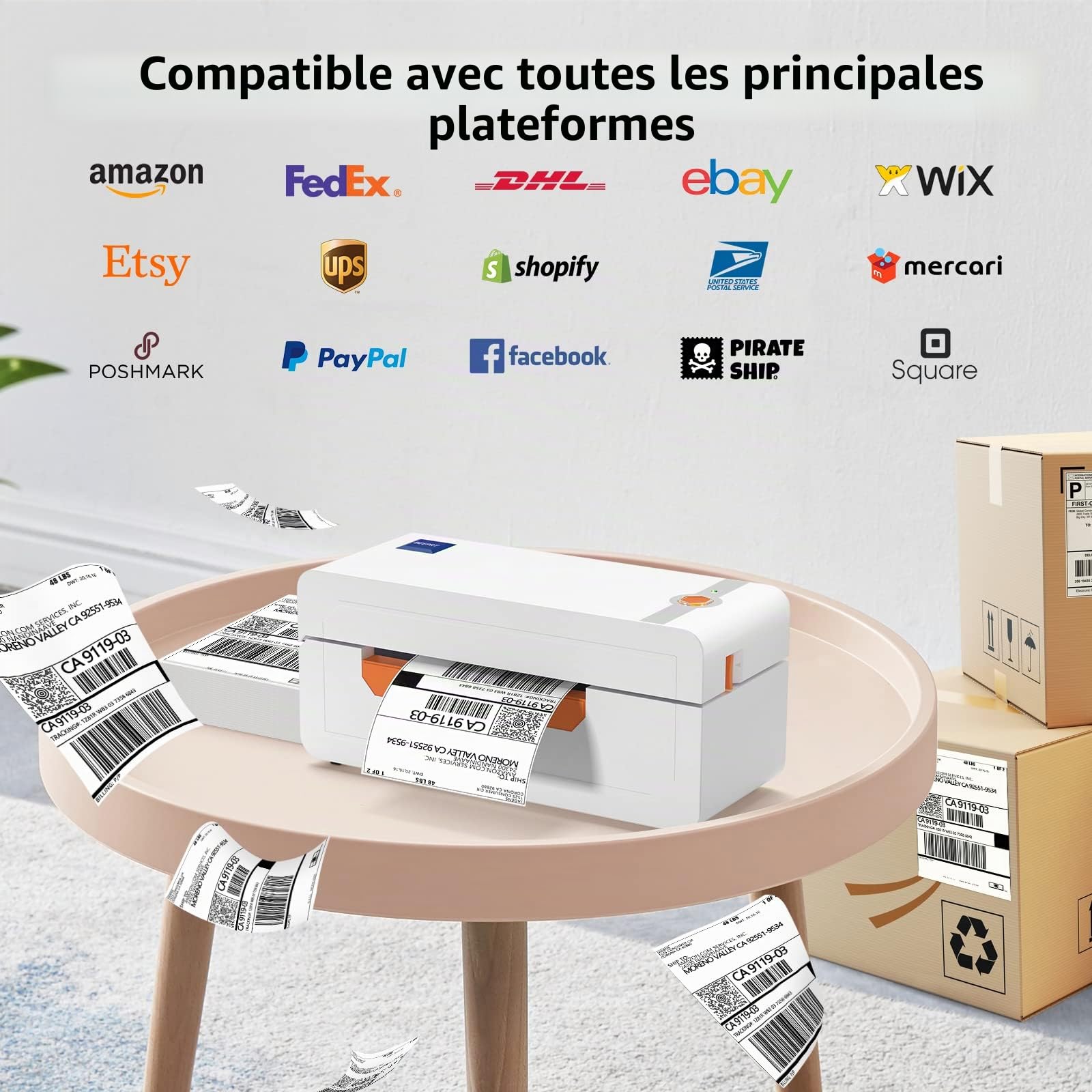 JADENS Imprimante Bluetooth d'étiquettes thermiques 4 x 6 pour expédition 203 DPI, 4-10,4 cm, compatible Hermes, Royal