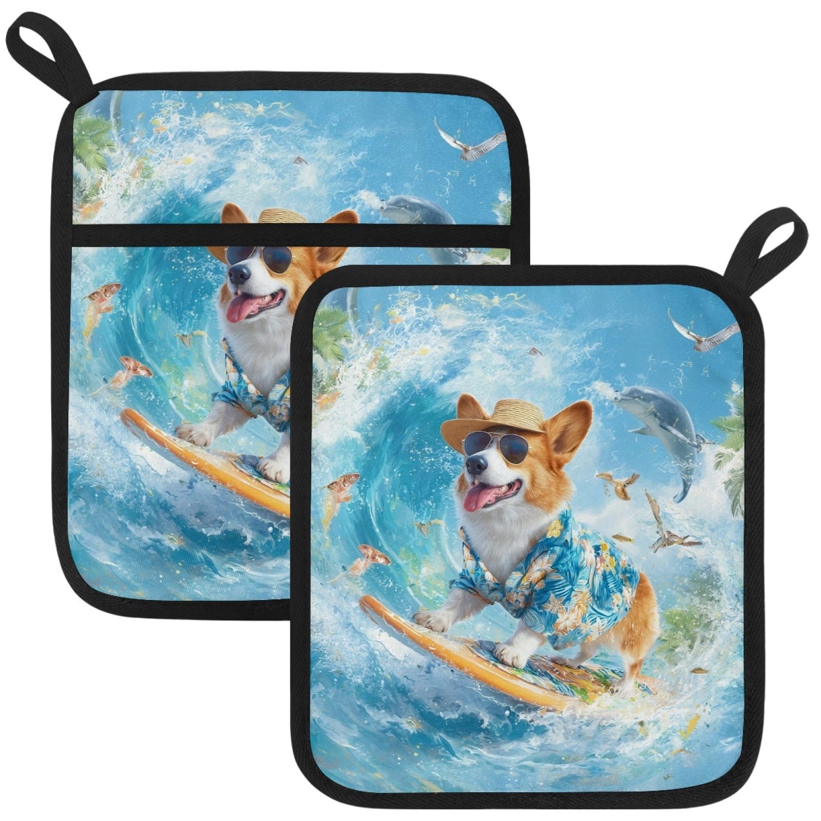 VAPOKF Surfing Corgi Pot Holder, Heat Resistant Oven Cloths, Potholders & Oven Gloves, for Kitchen Cooking & Baking, Thick & Safe, Protection of Hands From Hot Utensils