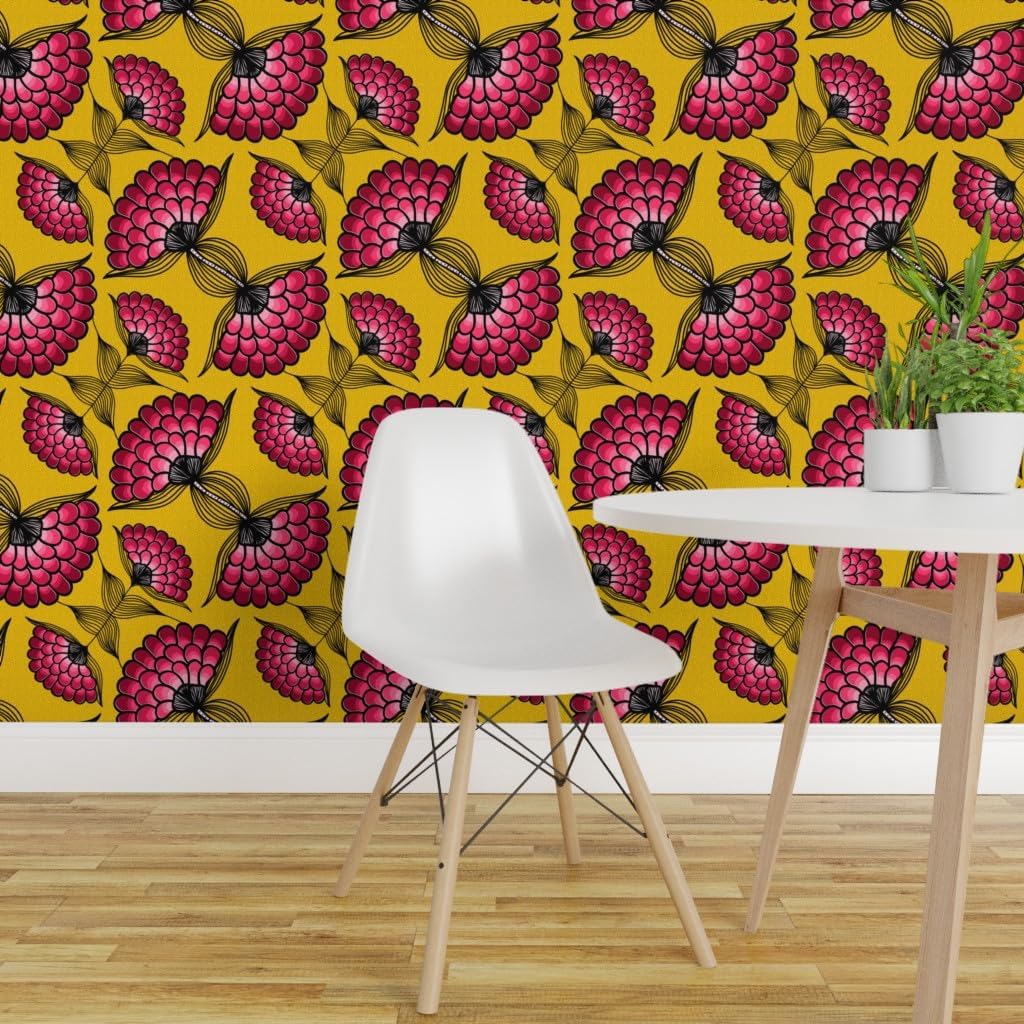 Removable Wallpaper 6ft x 2ft - African Art Cloth Pink Yellow Floral Pattern Bold Colorful Custom Pre-Pasted Wallpaper by Spoonflower