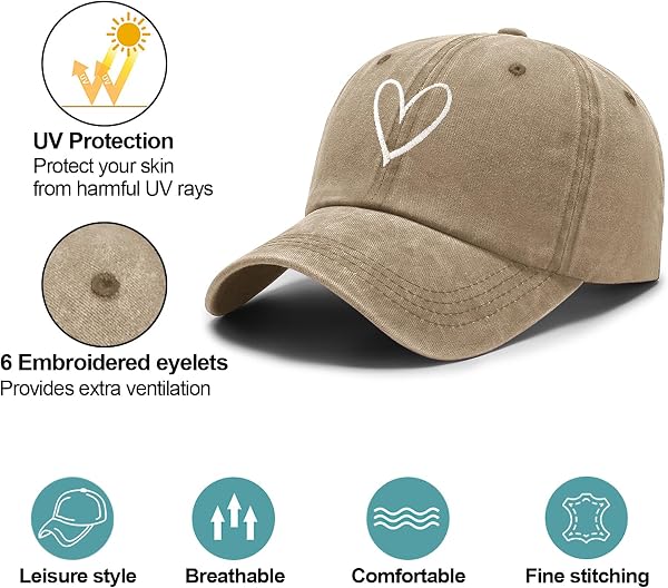 Queue de Cheval Casquette de Baseball pour Femme avec Motif Cœur Brodé Classique et Look Vintage Délavé Réglable Trucker Cap Golf Papa Chapeaux pour Sports d'extérieur - 3