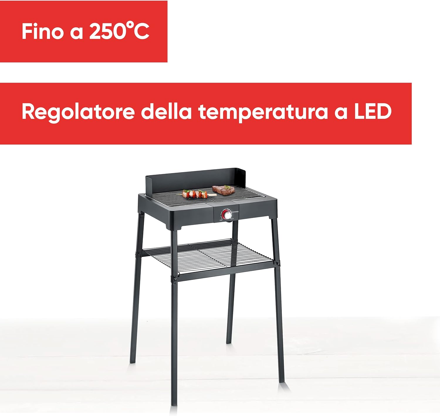 SEVERIN PG 8561 Barbecue elettrico 2200W con stand e temperatura regolabile con manopola a luce LED fino a 250 °C, Grill elettrico in acciaio, Griglia da tavolo per interni ed esterni, Nero