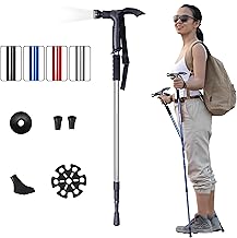 Trekking Pole with LED Flashlight - Adjustable Folding Walking Stick for Hiking, Camping, Mountaineering - Lightweight Aluminum Cane for Seniors, Men, and Women (Silver)