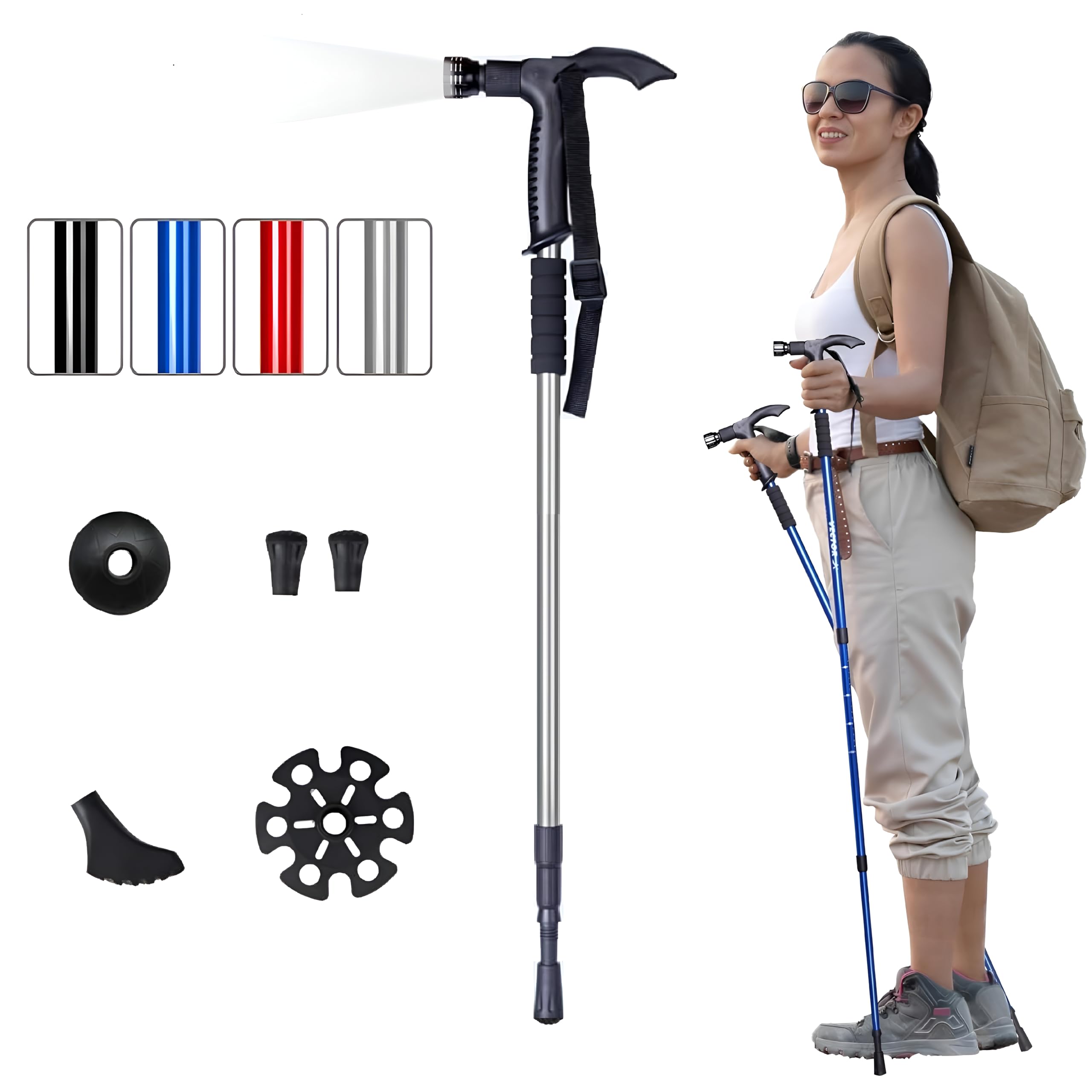 Trekking Pole with LED Flashlight - Adjustable Folding Walking Stick for Hiking, Camping, Mountaineering - Lightweight Aluminum Cane for Seniors, Men, and Women (Silver)