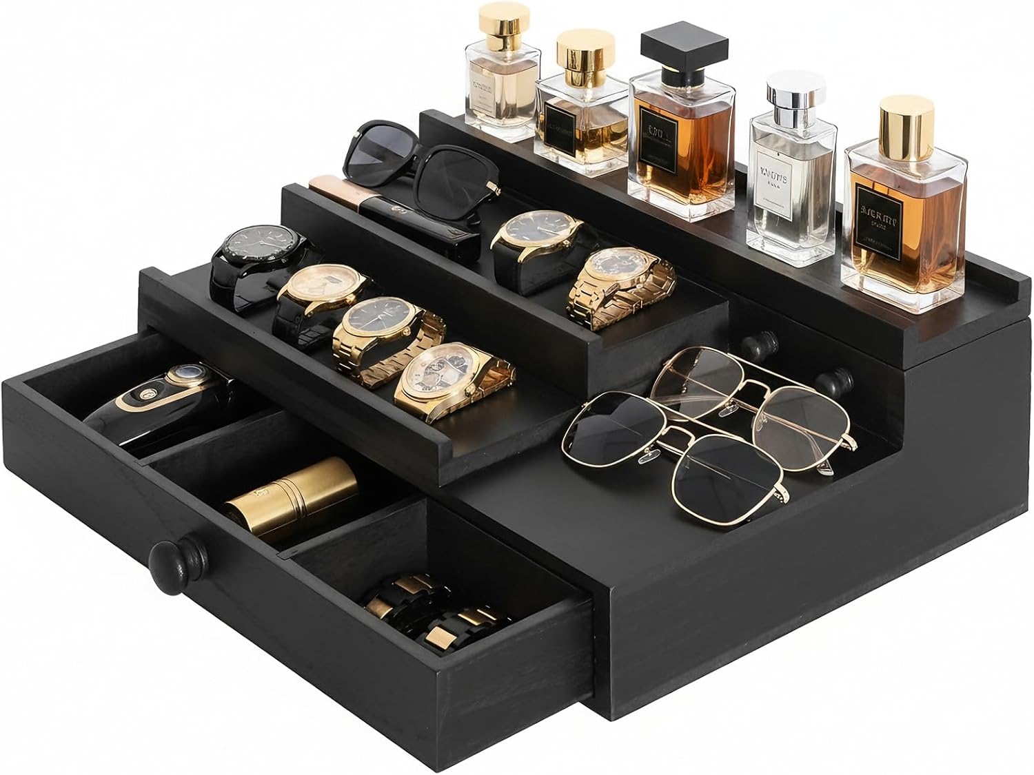 Cologne Organizer for Men,Solid Wood Cologne Stand with Drawer and Hidden Compartments, Nightstand Organizer,Dresser Drawer Organizers,Organizador de Perfumes,Perfume Stand Organizer for Bedroom,Black