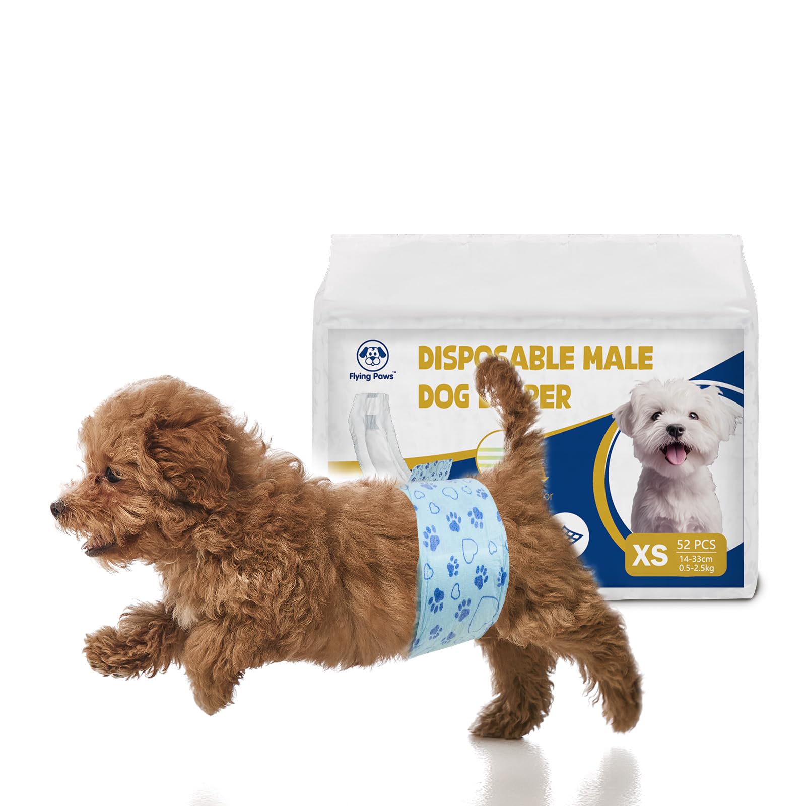 Flying Paws Pannolini per Cani, XS-52 Pezzi Assorbenti con Indicatore di Umido, Protezione Antifughe, Ideale per Incontinenza, Viaggi e Addestramento