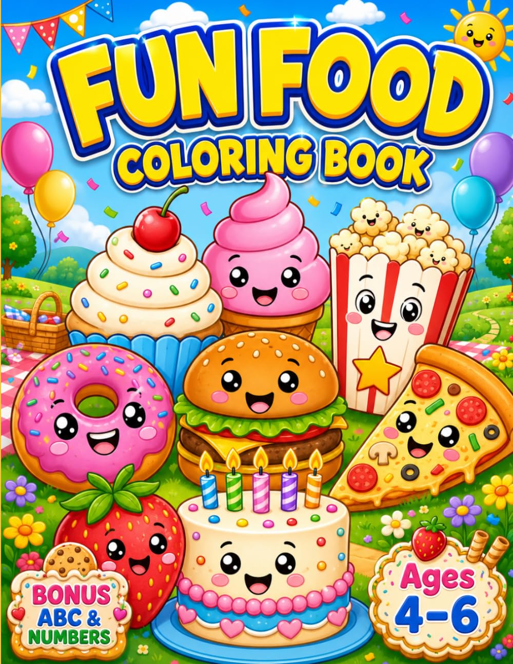 Fun Food Coloring Book for Kids Ages 4–6: Cute Cupcakes, Donuts, Ice Cream, Pizza, Burgers, Cakes, Sweet Treats & Bonus ABC Alphabet and Numbers Activities (Smash Kids Coloring & Learning Series)
