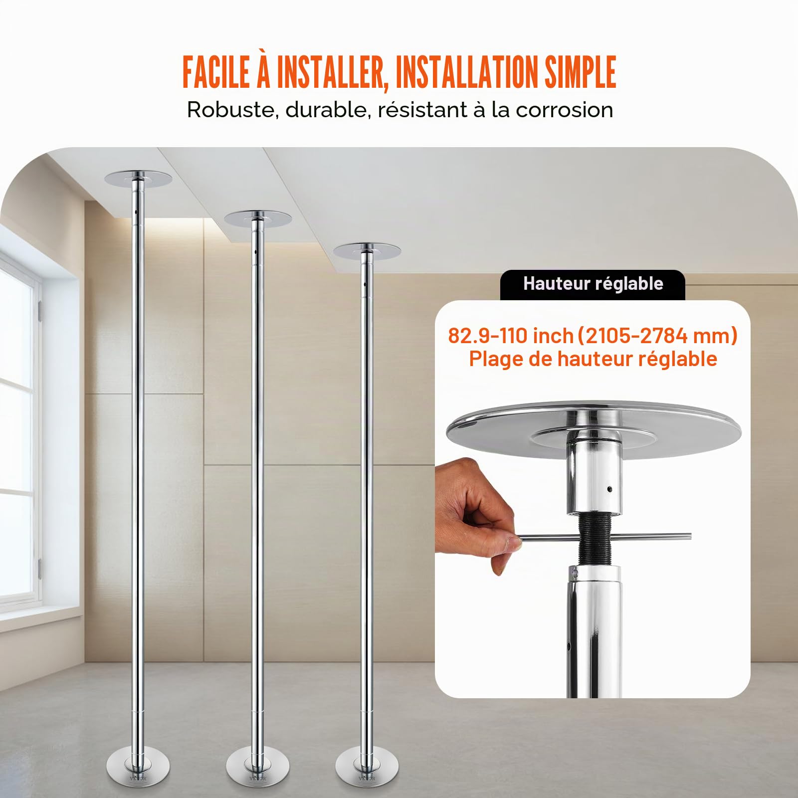 VEVOR Barre de Pole Dance Professionnelle, Pôle de Danse Statique et Rotatif, Kit de Danse à la Barre Verticale Amovible et Portable, Poteau en INOX Robuste 45 mm, Hauteur Réglable, pour Bar Domicile