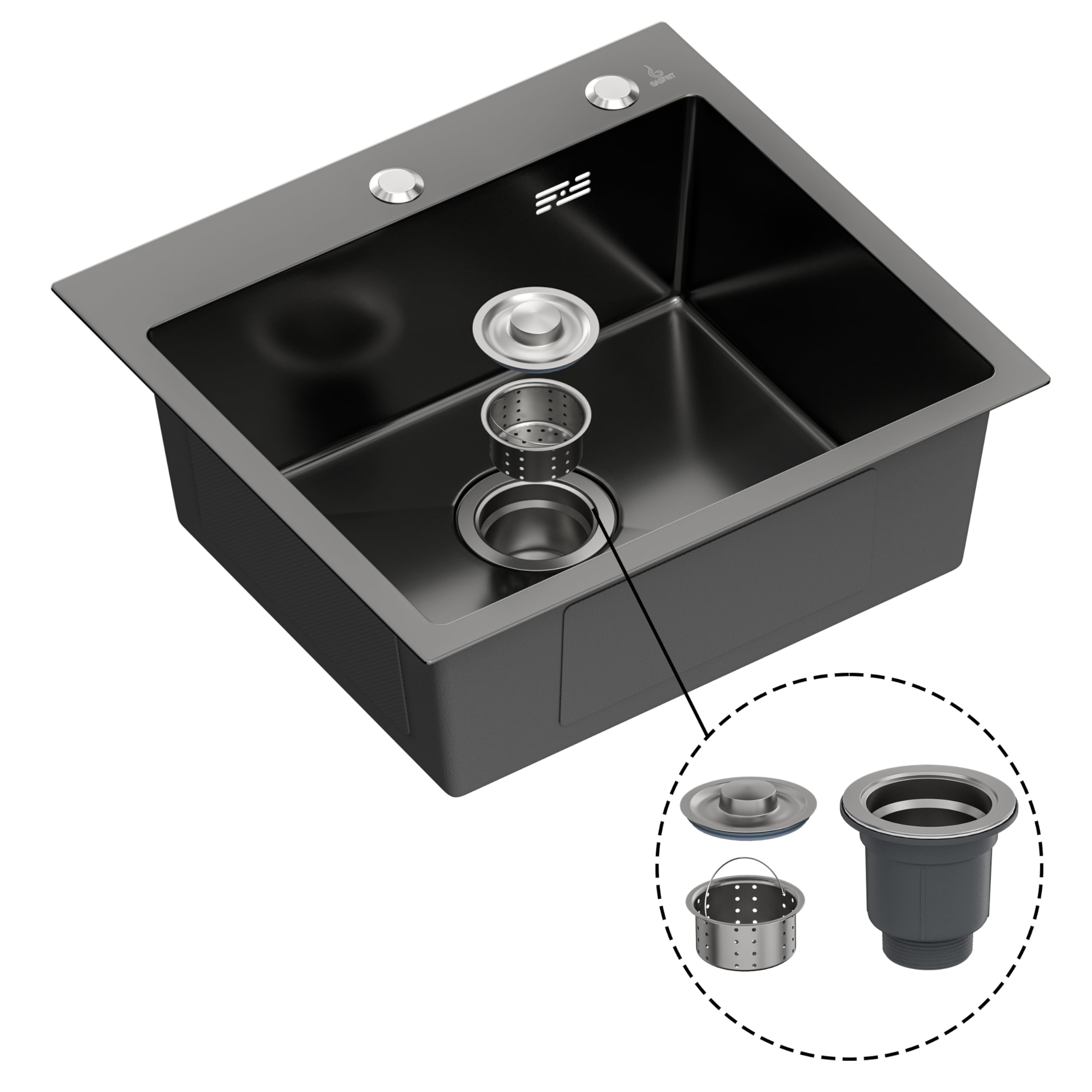 Fregadero de Cocina Negro, Acero Inoxidable 304, 1 Seno, Sobre Encimera, con Orificio Grifo 35 mm y Dispensador (50 x 45 cm)
