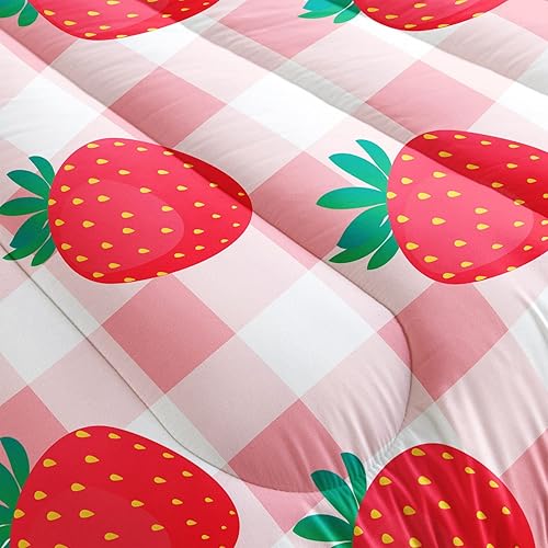 Miniatura 6 de Juego de ropa de cama Kawaii de fresa para niñas, juego de ropa de cama con patrón de cuadrícula rosa con 1 edredón y 2 fundas de almohada para
