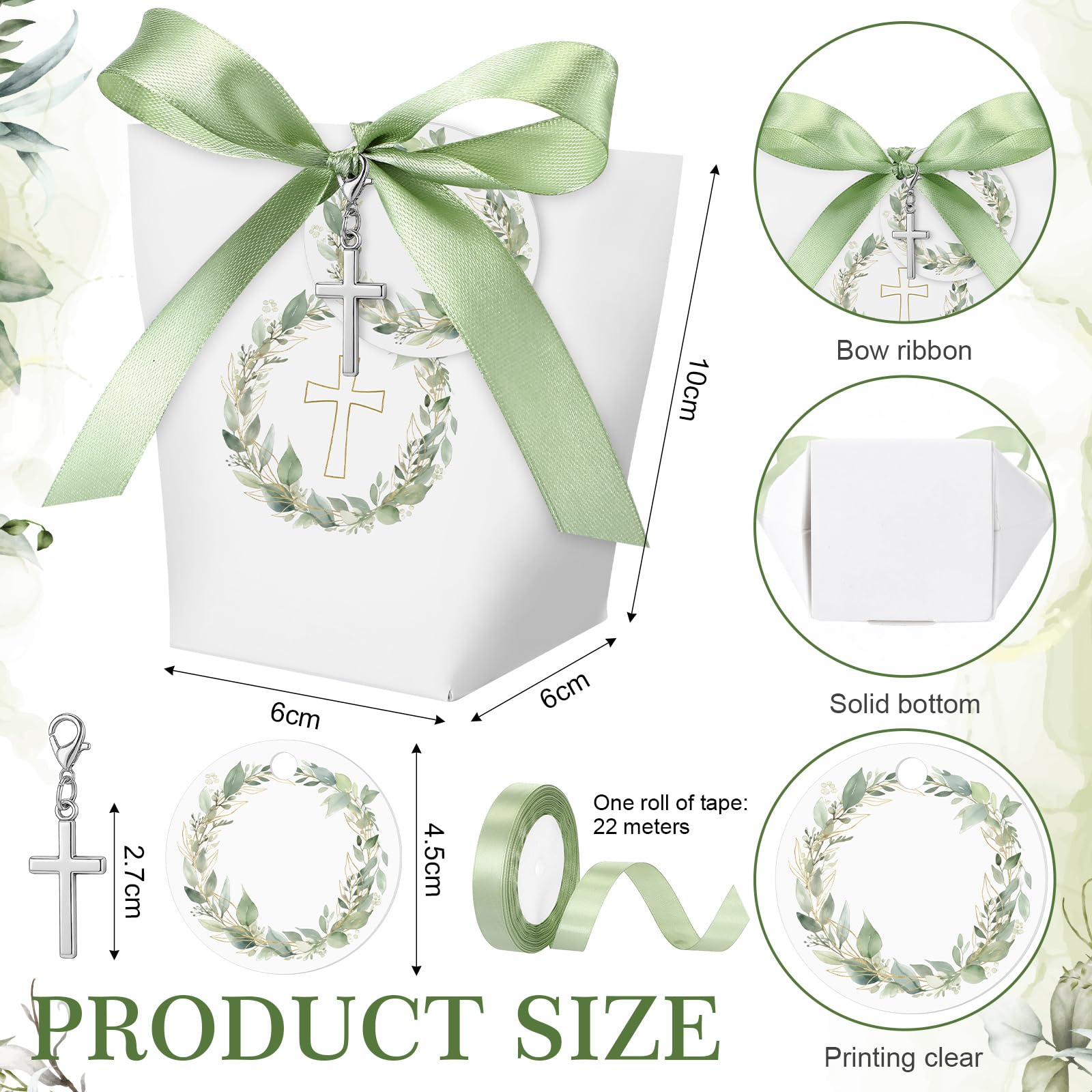 Faccito Set 30 Scatoline Portaconfetti con Nastro e Portachiavi Croce – Con Etichette Decorative Eucalipto, Ideali per Bomboniere, Prima Comunione, Cresima, Matrimonio e Cerimonie Religiose