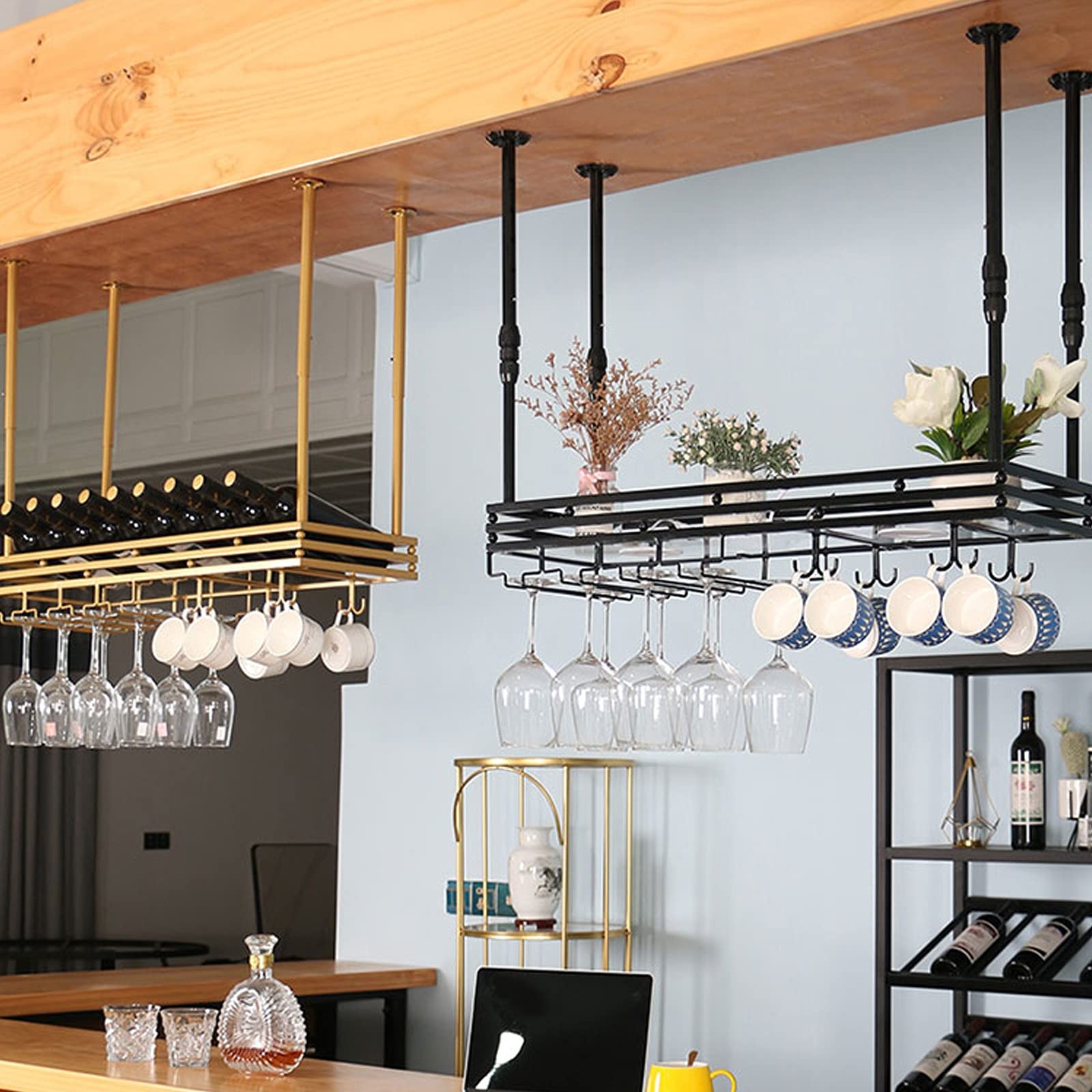 Estantería de Lujo para vinoteca con Expositor Colgante y Estante de Almacenamiento de Copas de Vino Ajustable en Altura. Estante invertido para vinoteca doméstica para Colecciones