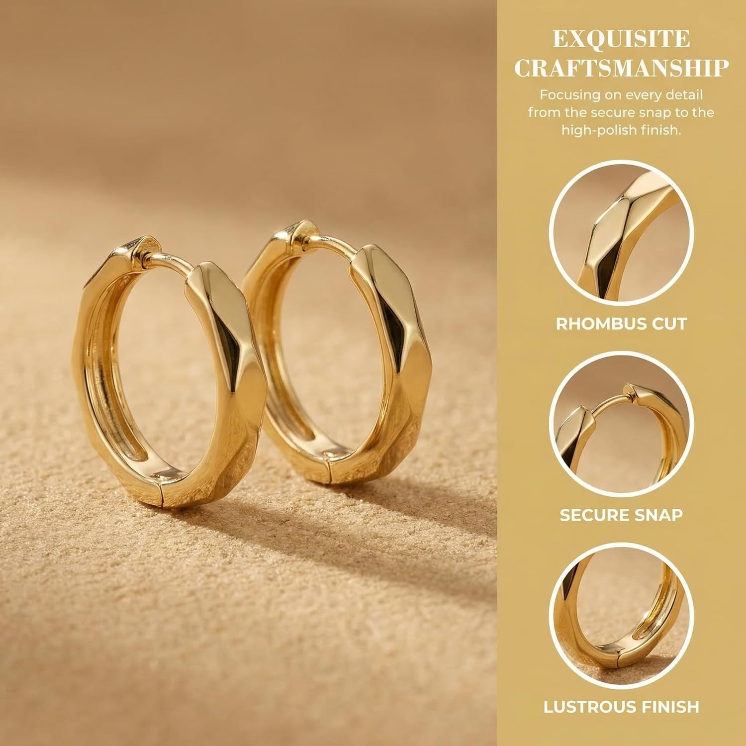 14K Yellow Gold Unisex Hoop Earrings for Women Men 20mm x 4.2mm, Small Chunky Classic Round Huggie Hoops Minimalist Diamond-Cut Round Earrings Hypoallergenic Gift