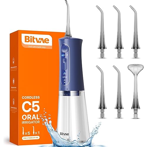 Bitvae Cordless Water Dental Flosser for Teeth, Portable 300ML Water Teeth Cleaner Picks, 3 Cleaning Modes 6 Jet Tips, Water Dental Picks for Cleaning (Midnight Blue)