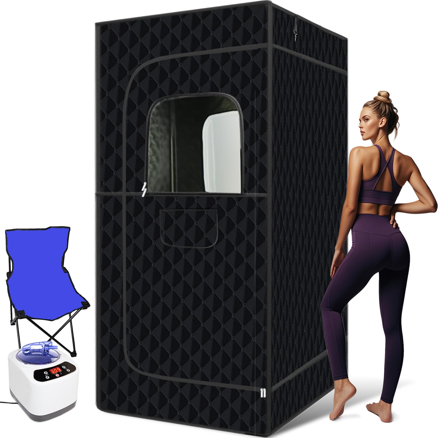 RTOVZONPortable Steam Sauna, Extra Large Portable Sauna for Home, Sauna Tent Sauna Box with 3L 1000W Steamer, Full Body Personal Sauna with Remote Control, Folding Chair, 9 Levels, 71"x 35.5"x 35.5"