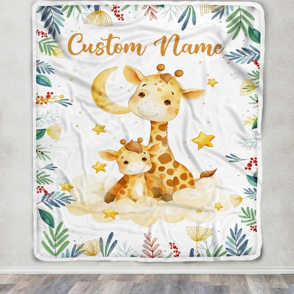 Personalized Baby Blanket with Name Custom Mom and Baby Giraffe Newborn Boy Girl Kids Son Daughter Niece Birthday Christmas Customized Fleece Blanket (50 x 60 in Youth Size)