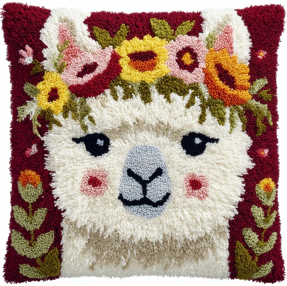FWRTYCB Latch Hook Kits for Adults,Alpaca and Flowers Pillow Sofa Cushion