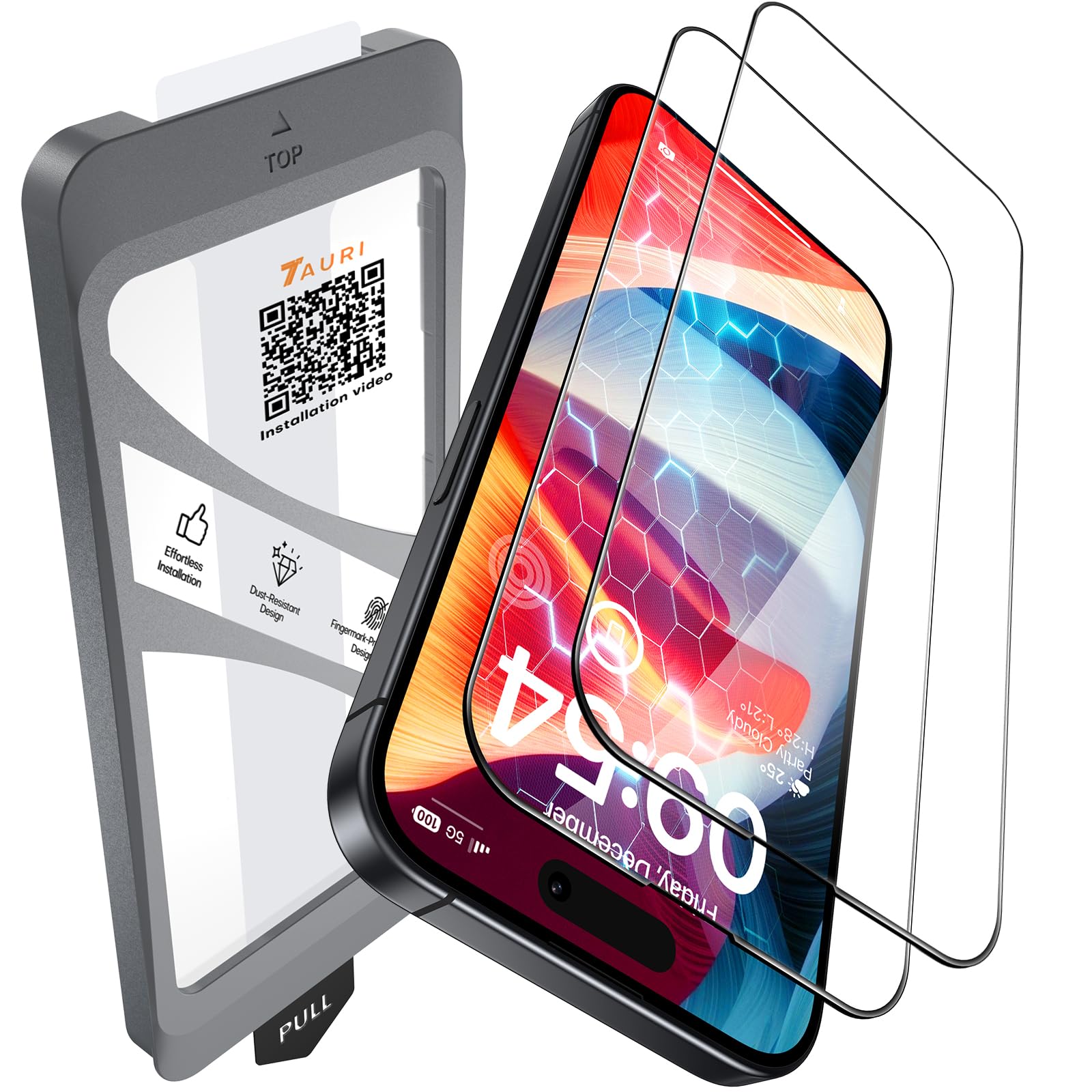 TAURI Lot de 2 Verre Trempé Pour iPhone 15 6,1 Pouces, Sans Bulle, Film en Protection D'écran avec Outil d'Installation Facile,Dépoussiérage Automatique,Résistant aux Rayures