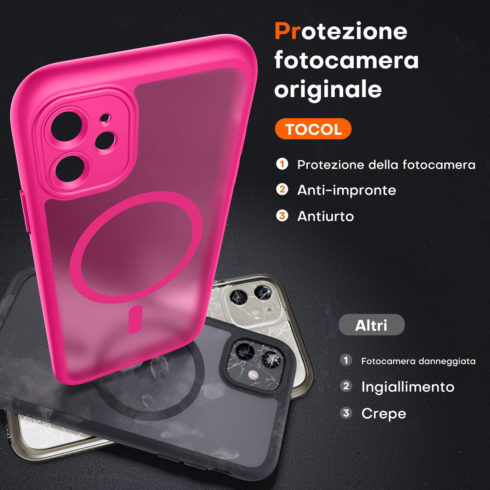 TOCOL Cover Magnetica per iPhone 11 6,1 Pollic, Compatibile con MagSafe, Protezione Fotocamera Integrata, Custodia Antiurto Traslucida Opaca, Rosa Caldo