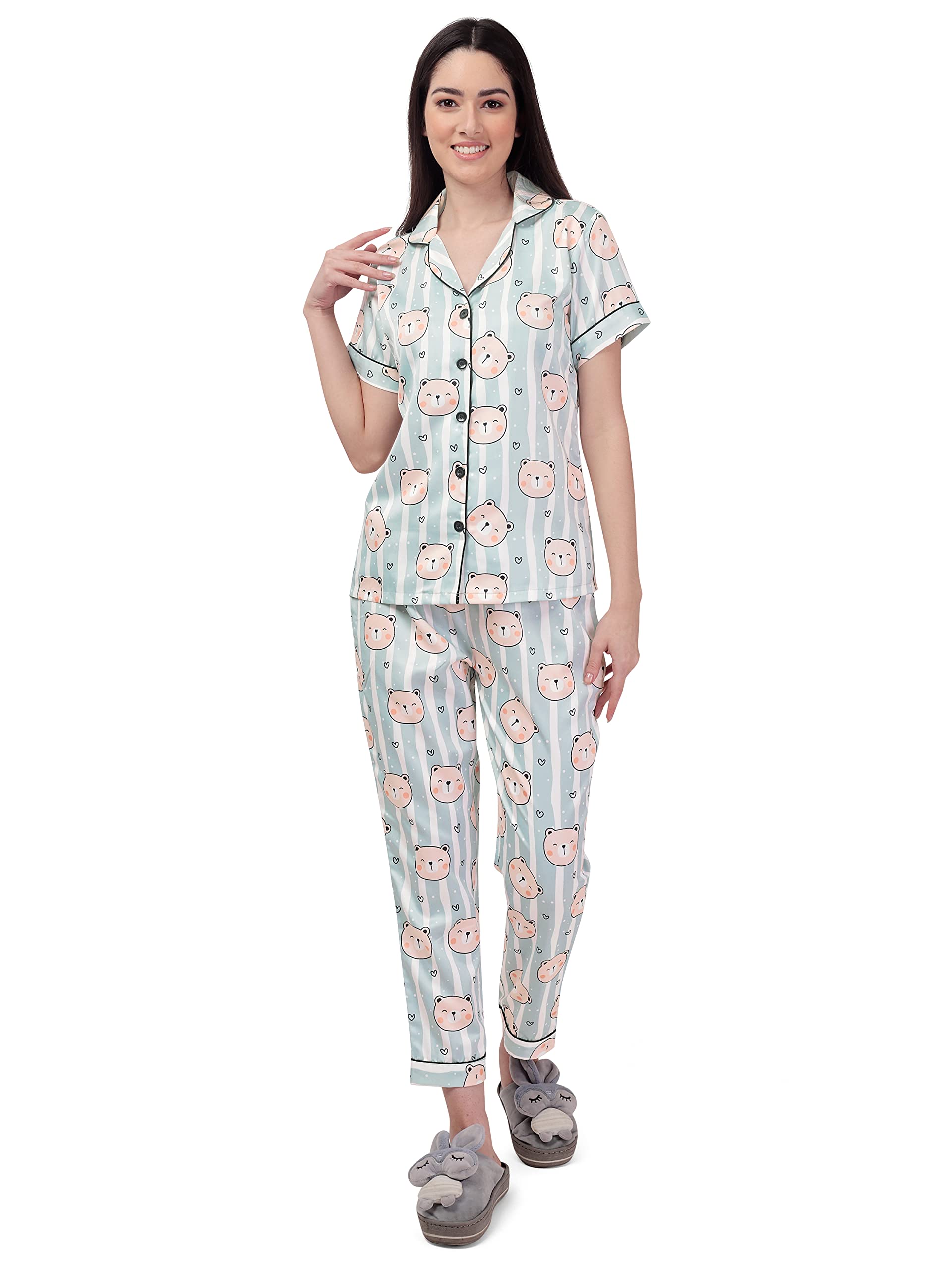 fbella Women Silk Satin Panda Printed Night Suit (FNS-224A_Multi)-picture-1