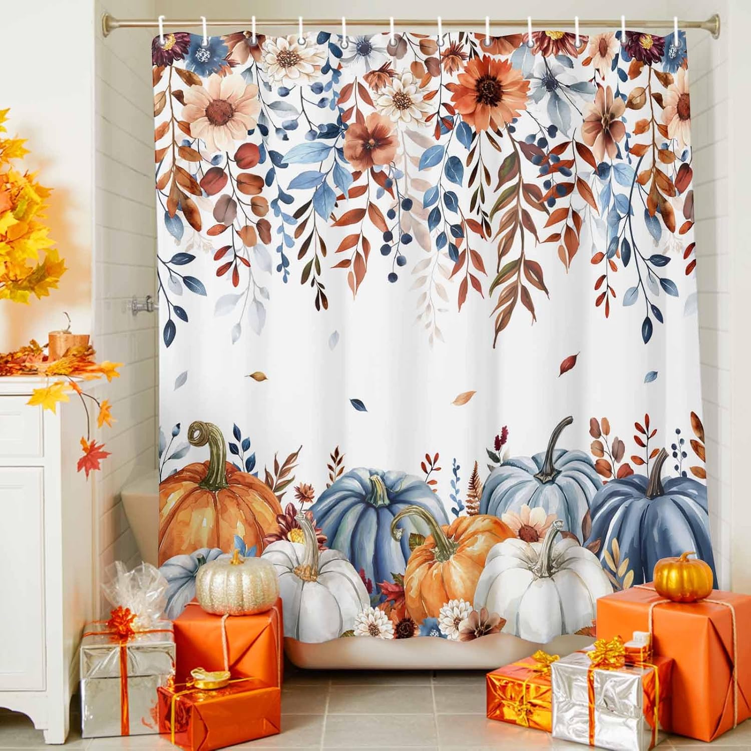 Orange Blue Pumpkins Fall Shower Curtain Set - Extra Long 72" x 96" Washable Bathtub Thanksgiving Curtain with 12 Hooks, Floral Botanical Waterproof Fabric Shower Curtains for Bathroom