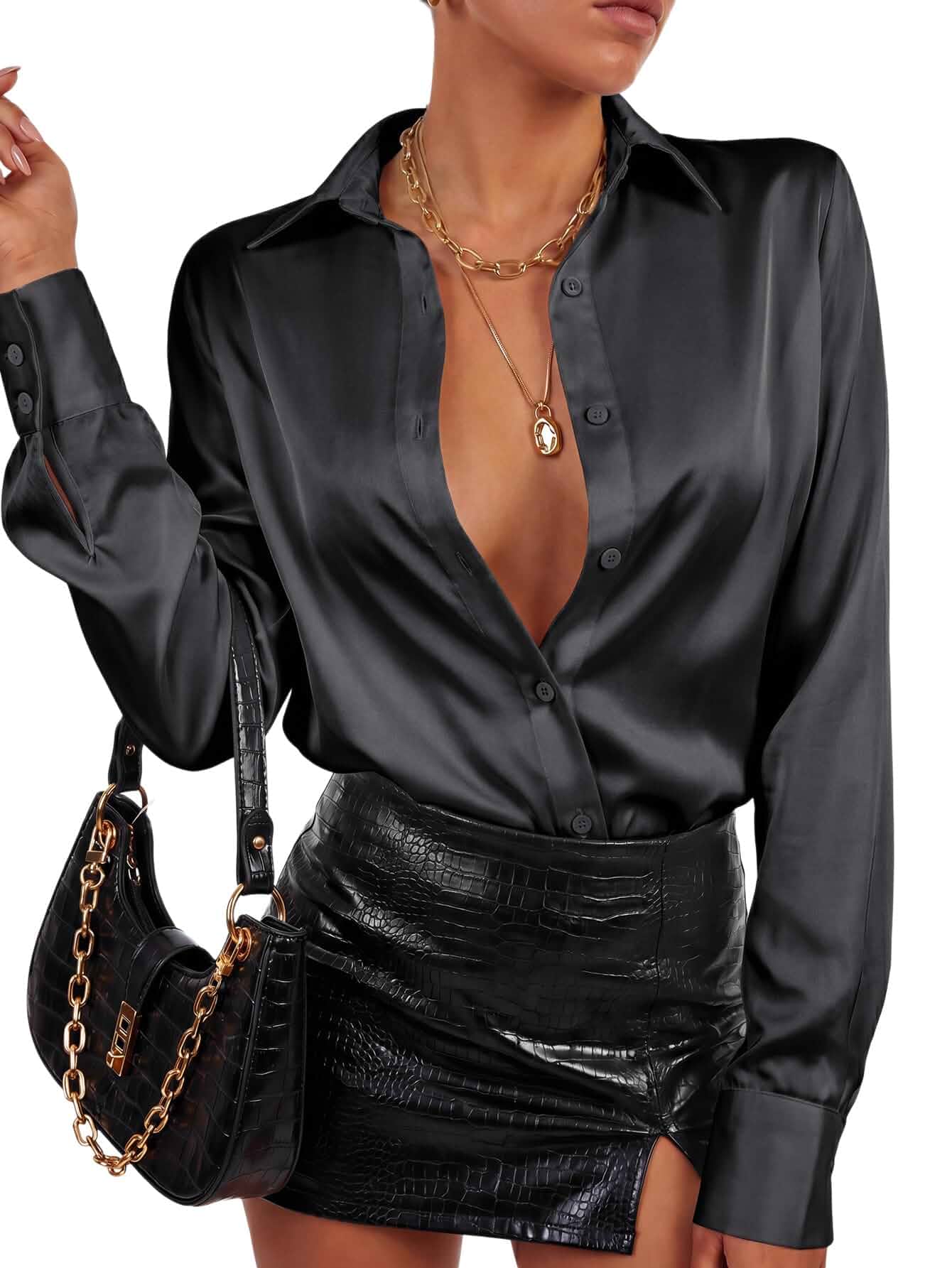 LYANER Women's Satin Blouse Long Sleeve Silk Button Down Shirts Work Office Dressy Tops Long Sleeve