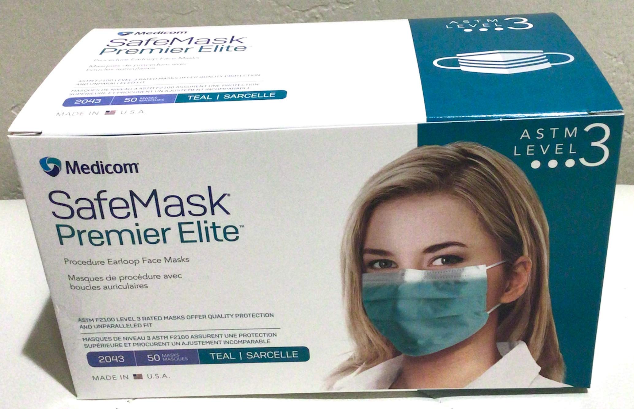 ASTM Level 3 SafeMask Premier Elite Face Masks 2043, Teal, 50/box