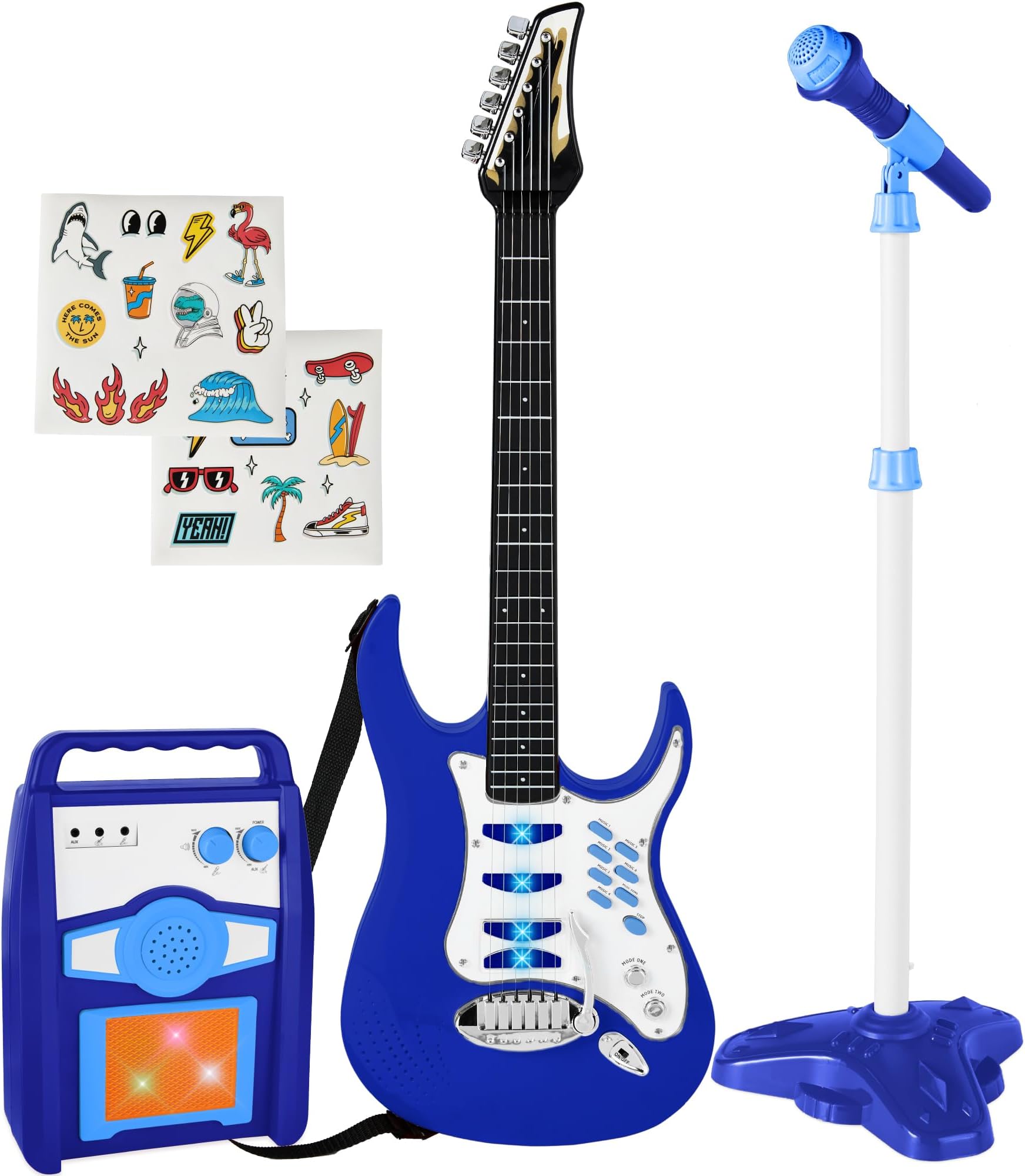 Toy Kids Guitar Play Set Bundle, Pretend Play Toddler Electric Guitar Kit with Interactive Microphone, Amp, Whammy Bar, 6 Demo Songs and 2 Sticker Sheets - Blue