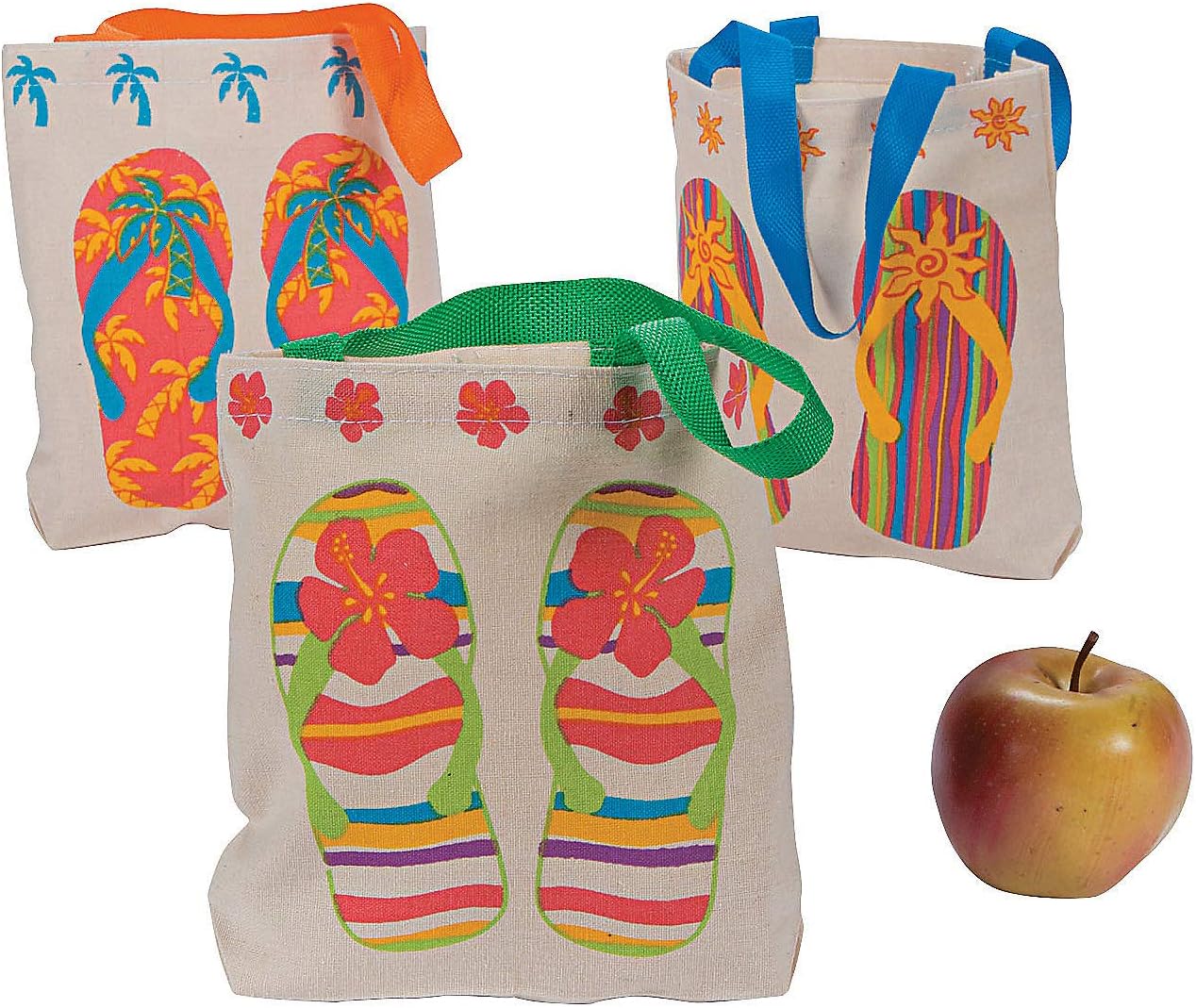 Fun Express Canvas Flip Flop Tote Bags. Multicolor (12 Pack) 8" X 2 1/2 X 8 1/2 with 5 1/2 Handles. Poly-cotton.