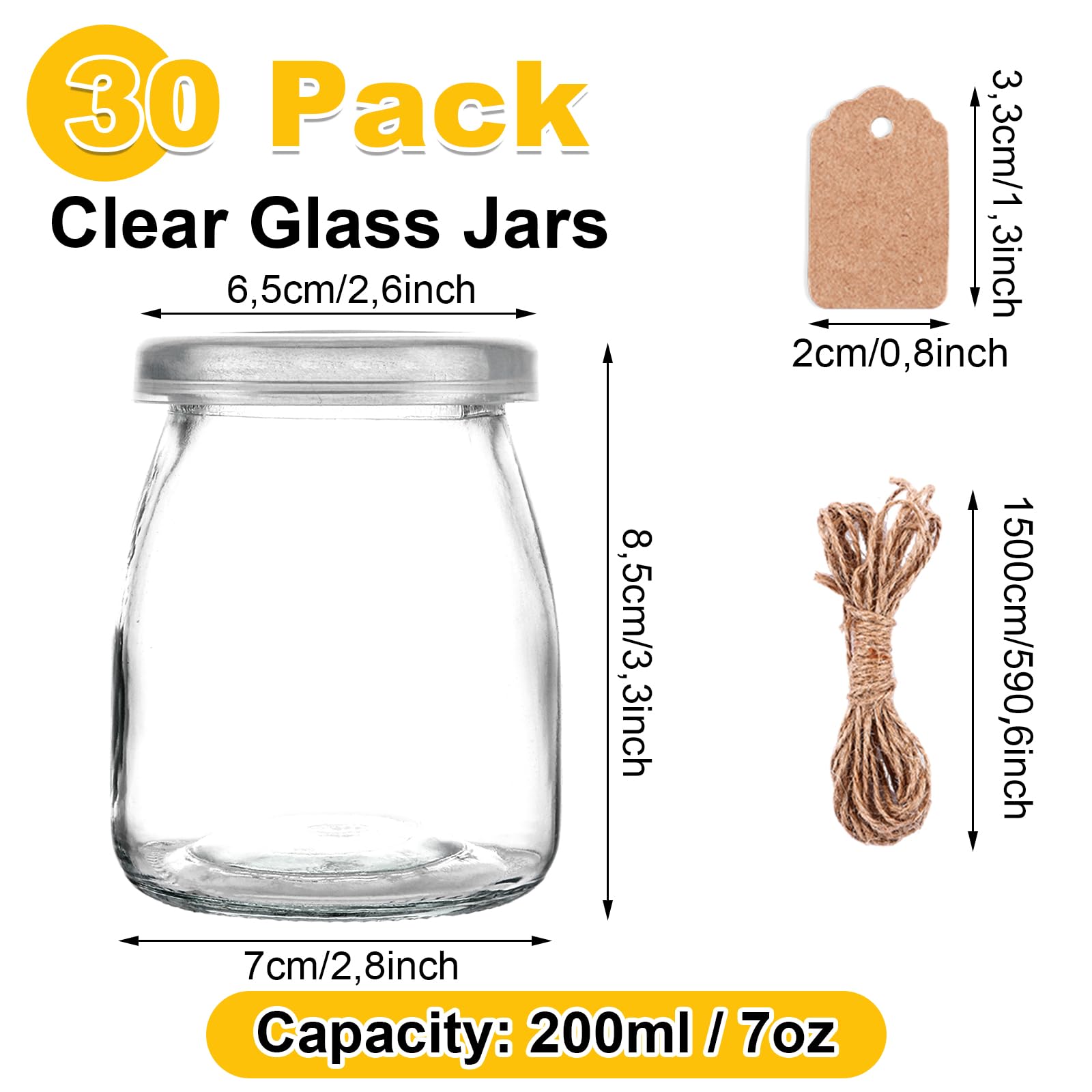Lot de 30 botes de vidrio de 200 ml con tapa, botes pequeños de vidrio, mini pudin, yogur, frascos de vidrio para mermelada, miel, jalea, espuma, especias