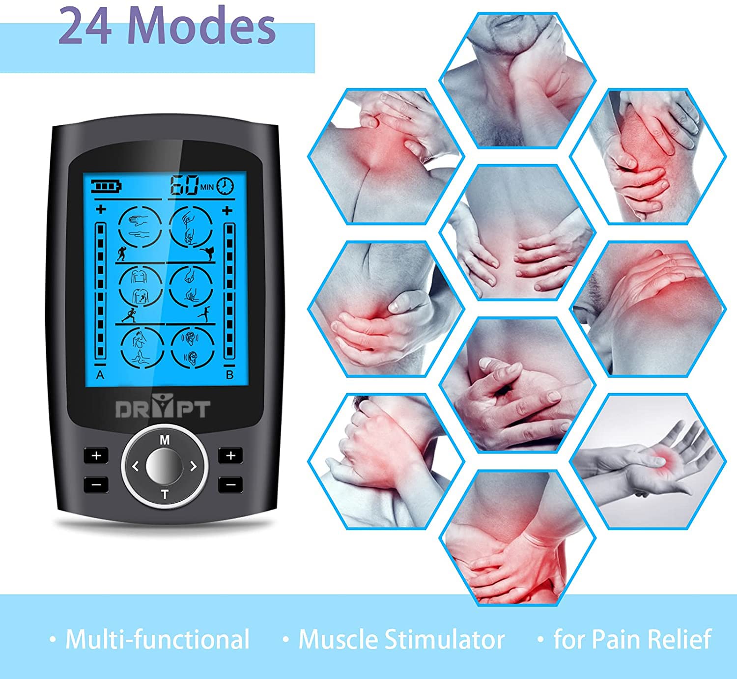 DR PT Smart Muscle Massager Dual Channel TENS EMS Unit for Pain Relief Therapy, Electronic Pulse Massager 10 Pads, Dust-Proof Drawstring Storage Box,Fastening Cable Ties, Battery Powered, Black