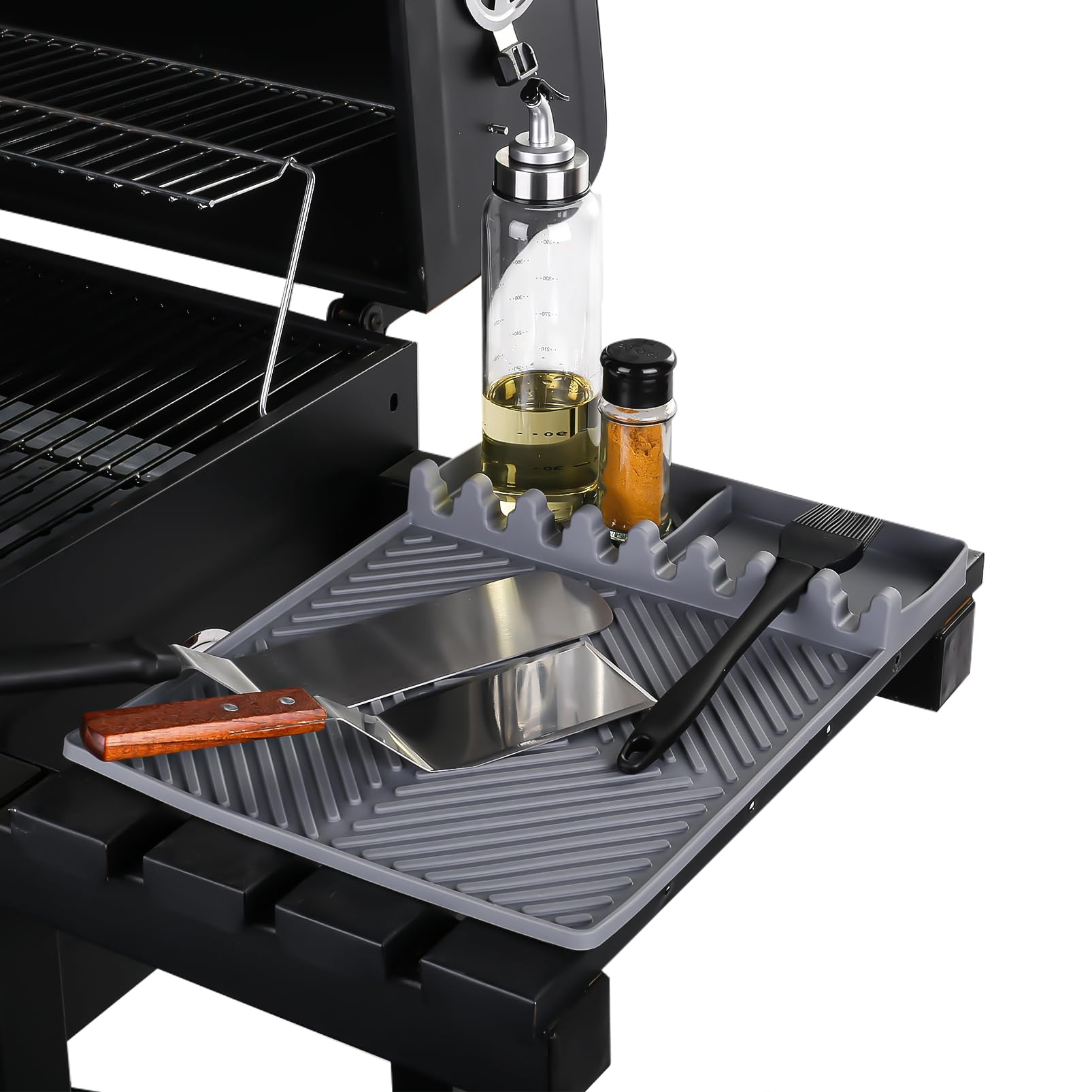 Grill Mat- Side Shelf Mat for Blackstone Silicone Grill Pad for Outdoor Grill Kitchen Counter Large Silicone Spatula Mat with Drip Pad, Grill BBQ Caddy Utensils Holder for Griddle Accessories