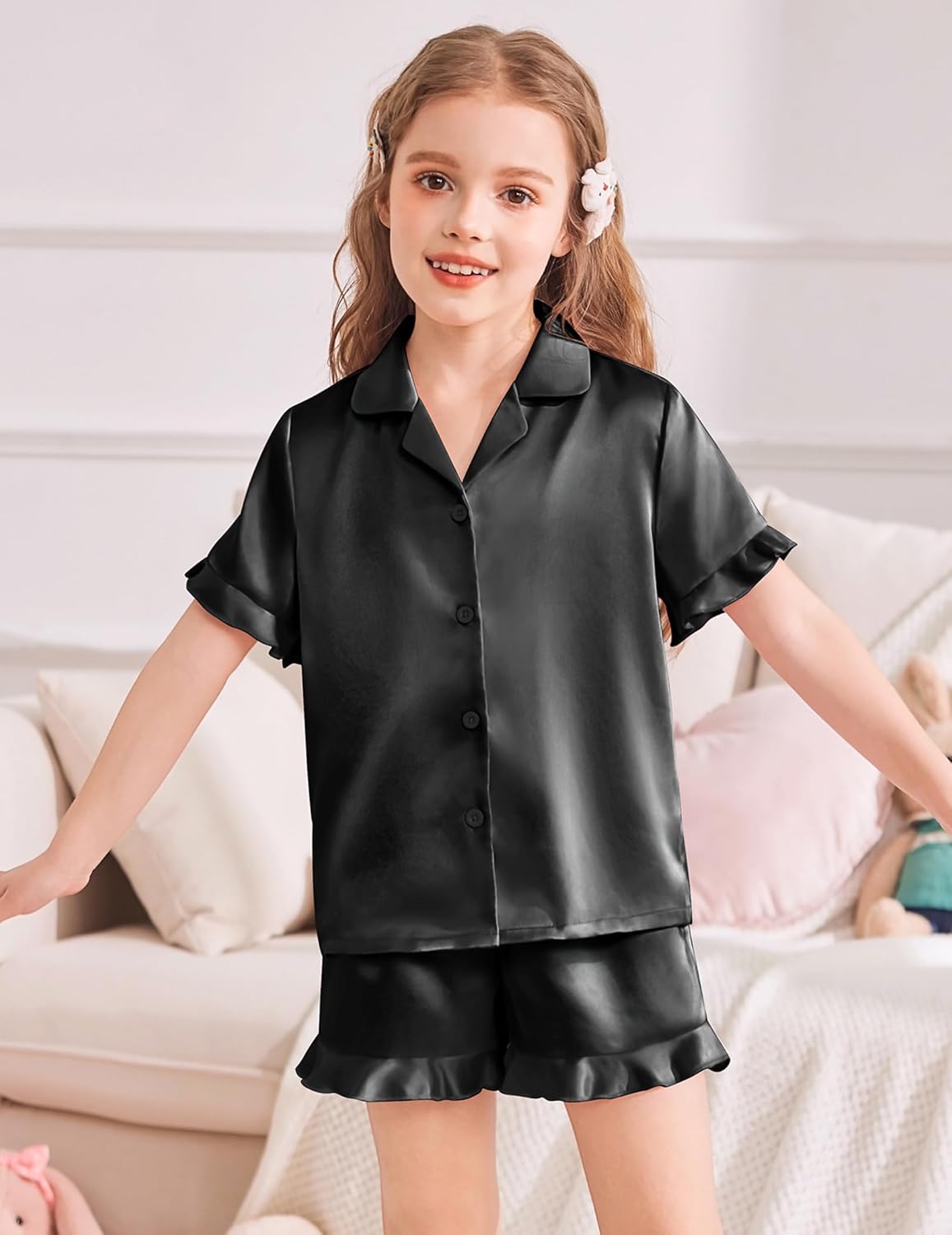 Arshiner Girls Pajamas Sets 3 Piece Silk Pjs Short Sleeve Sleepwear Satin Ruffle Nightwear - Image 2