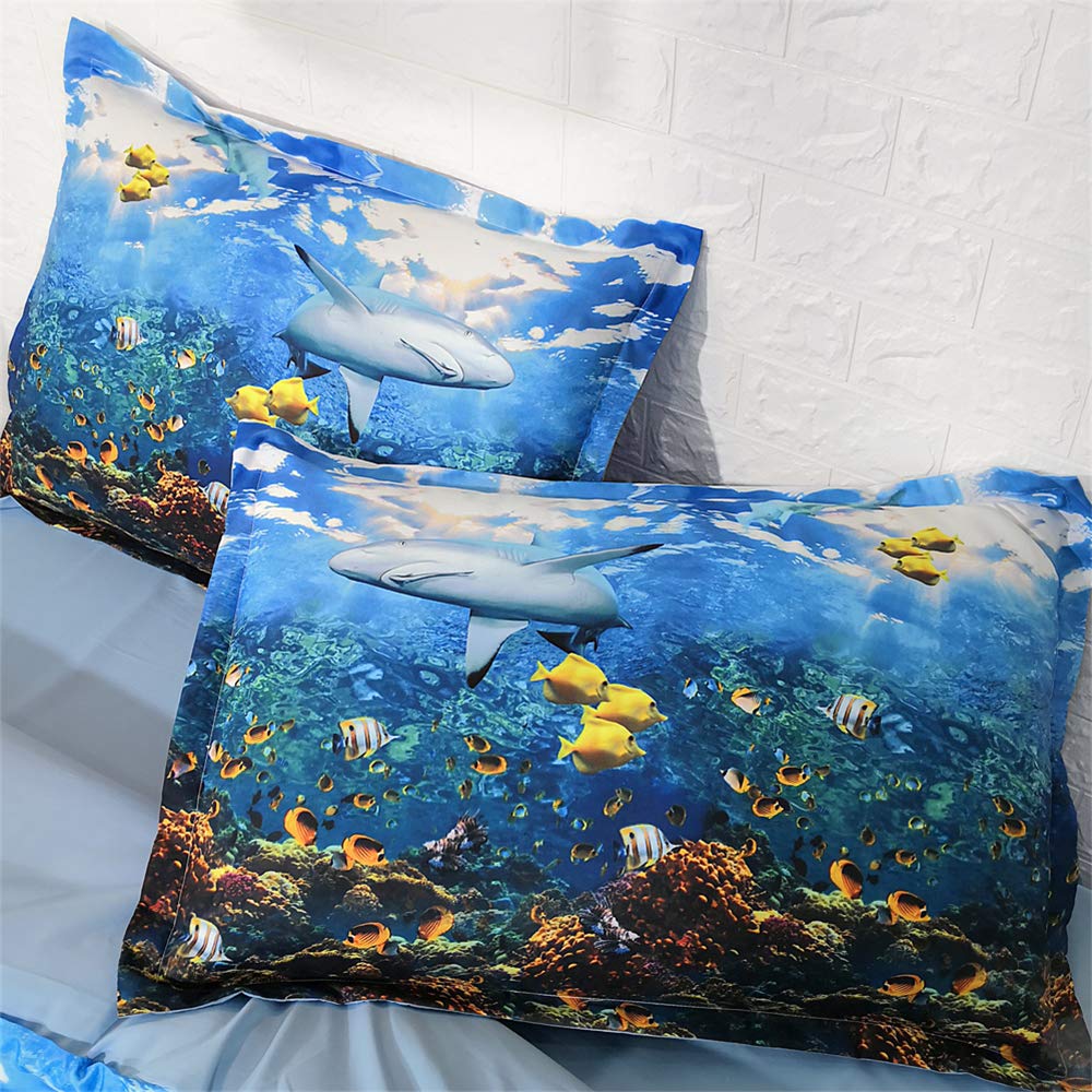 Meet 100% Algodón 400 Hilos Juego De Funda Nórdica Anti-ácaros Tiburón, Azul, Pez Coral Suave 3 Piezas(1 Funda Nórdica + 2 Fundas De Almohada 50x75cm) ((220x 240cm+2/75x50cm) - Cama de 150/160)
