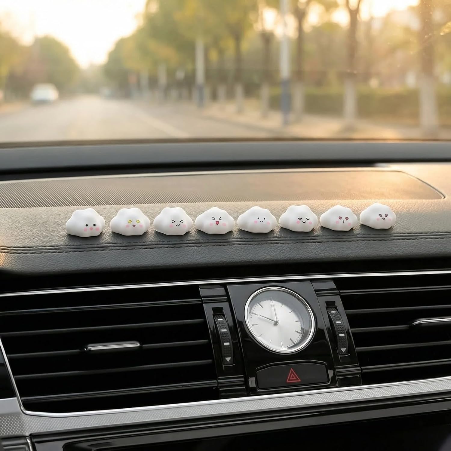 Cloud Car Interior Accessories Dashboard Decorations, Set of 8, Fairy Garden Landscape Style, Rearview Mirror Ornament for Women (White Clouds)