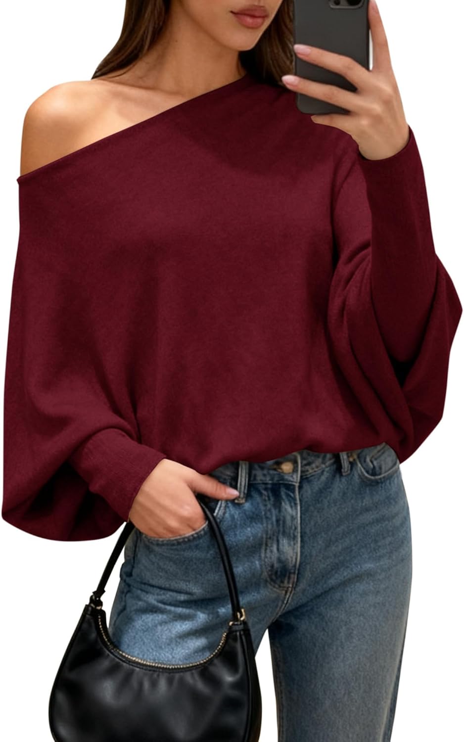 BTFBM Casual Fall Sweaters for Women 2026 Long Batwing Sleeve Ribbed Knit Tops Pullover Loose Off The Shoulder Sweater