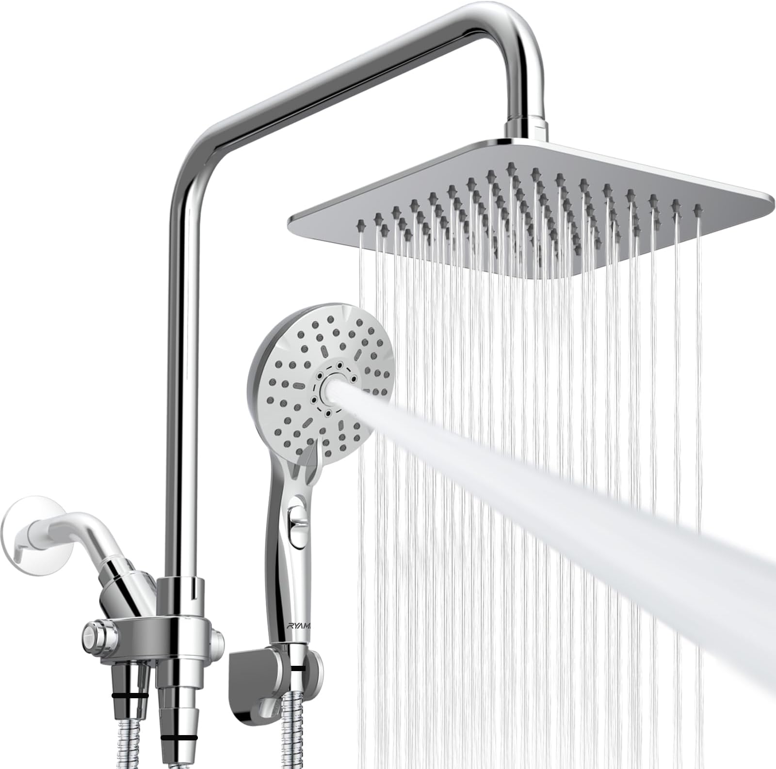 Ryamen Dual Shower Head Combo, 8'' High Pressure Rain Shower Head with Handheld Spray, 6+1 Spray Settings Handheld Showerhead, Height Adjustable, One-touch Pause Button, Chrome Polished