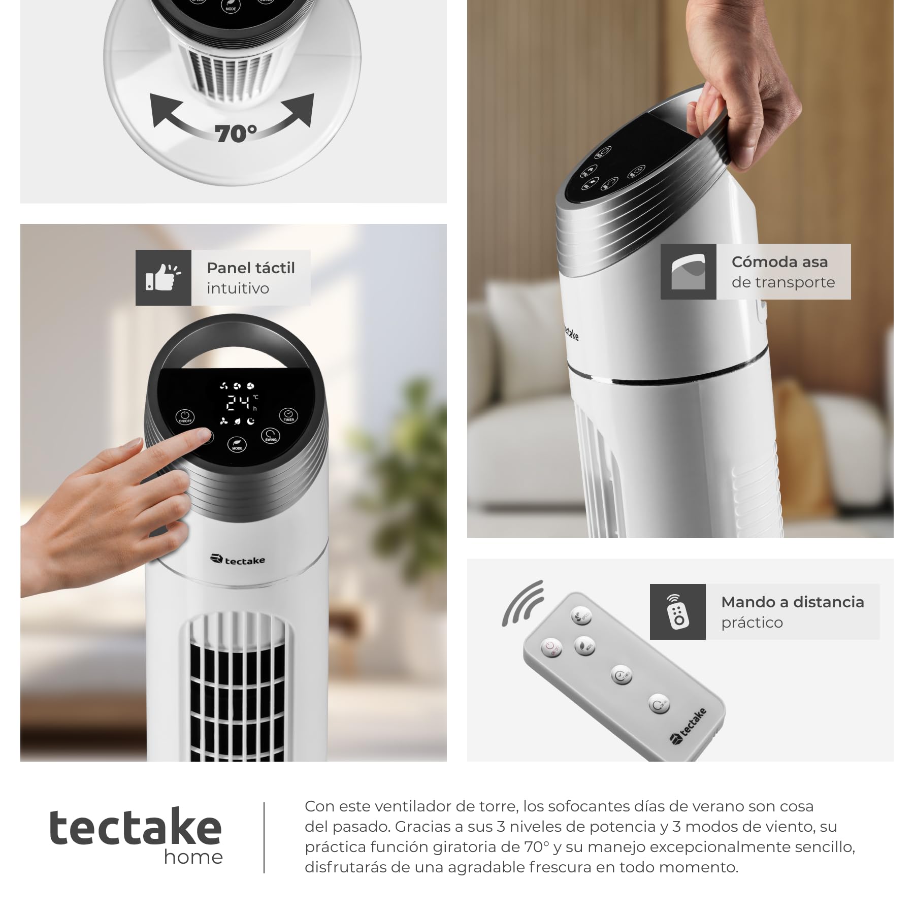 tectake® Ventilador de Torre Silencioso, 90 cm, con Panel de Control LED, Tres Velocidades y Modos, Rotación y Temporizador, Ventilador de Pie con Mando - Blanco