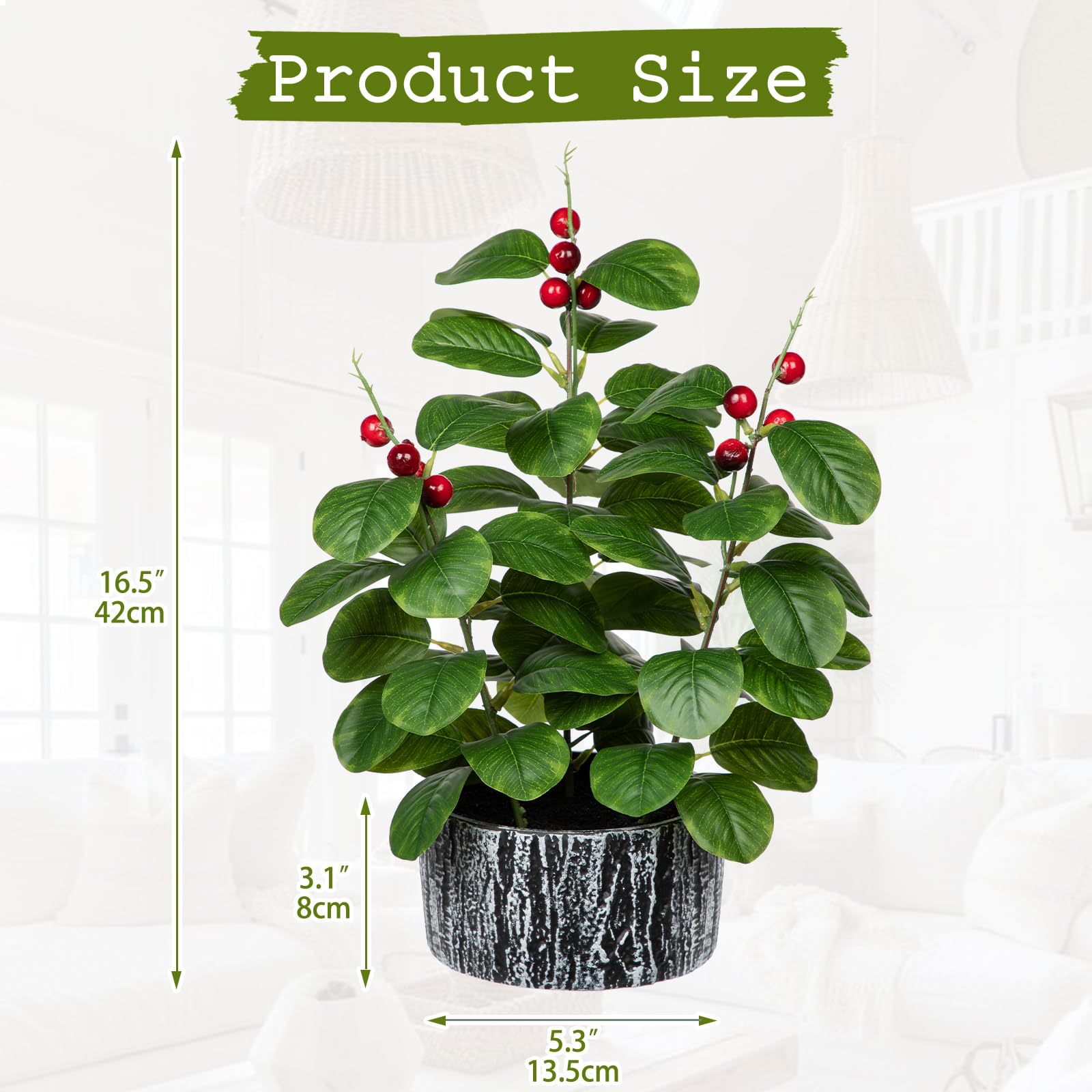Arborus 16.5" Fake Plants in Pots Artificial Ficus with Red Berries Indoor Faux Green Plants with Black and White Striped Pots Artificial Greenery for Home Decor - Image 2